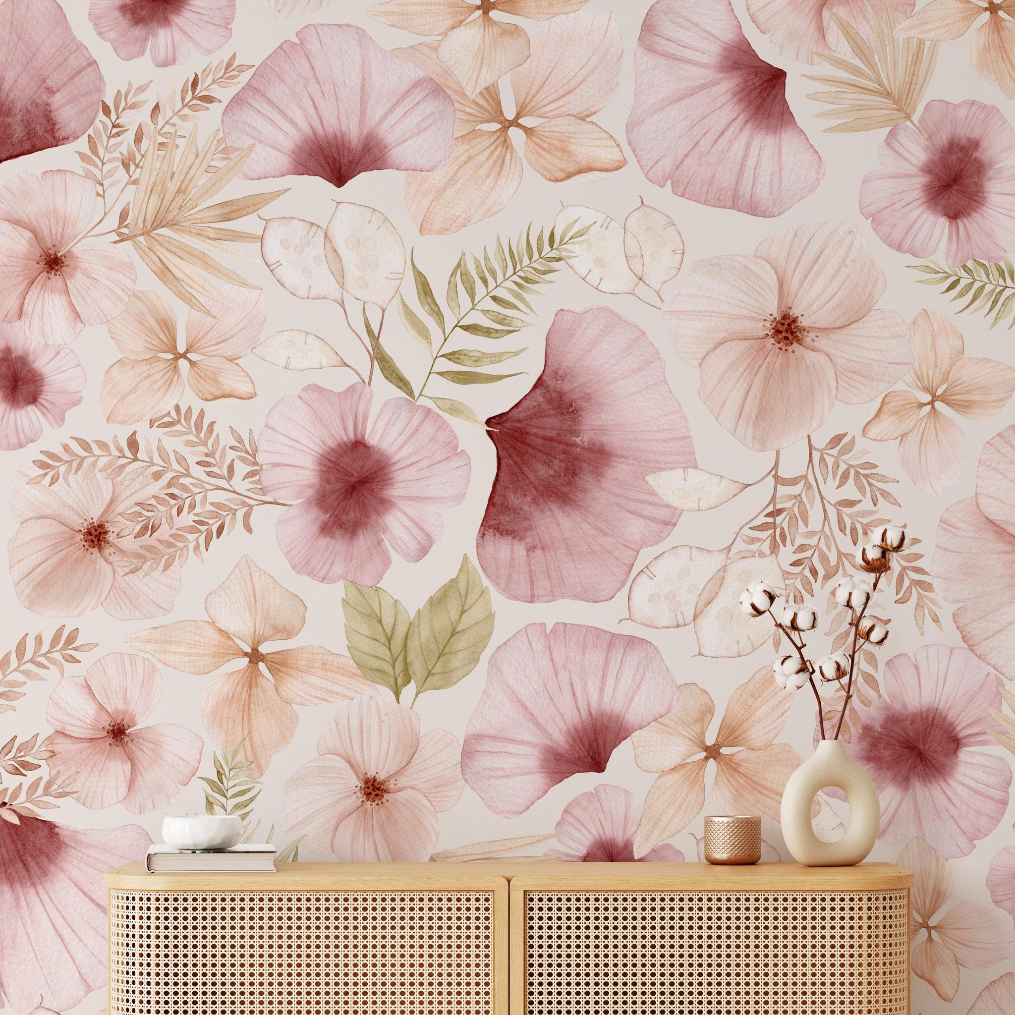 Rosé Wallpaper by Wall Blush SG02 in a stylish living room, highlighting the floral design focus.