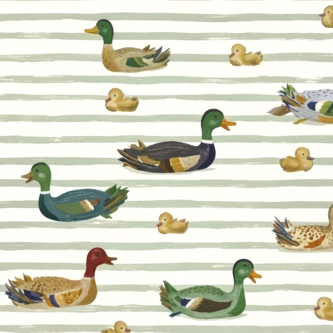 Duck pattern wallpaper with green stripes and playful ducklings.
