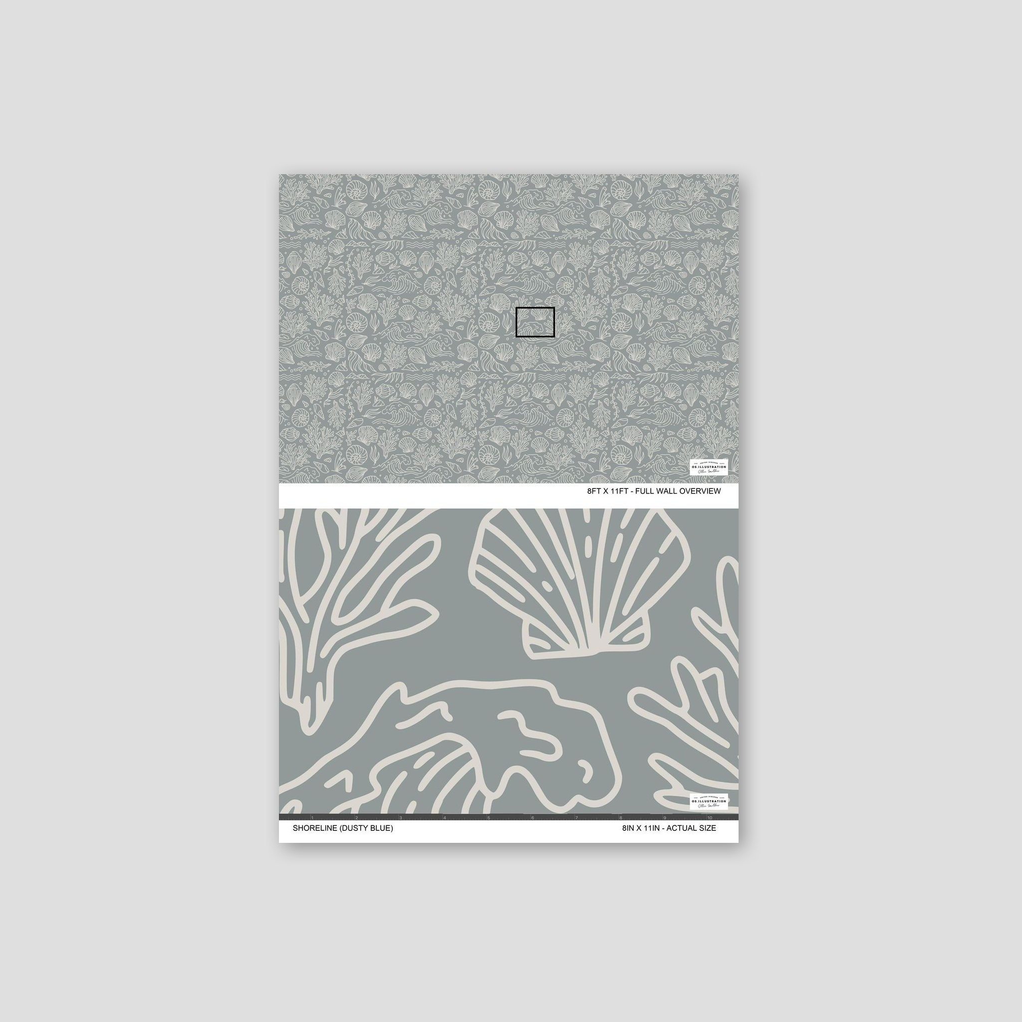 Dusty blue wallpaper with white seashell and coral pattern