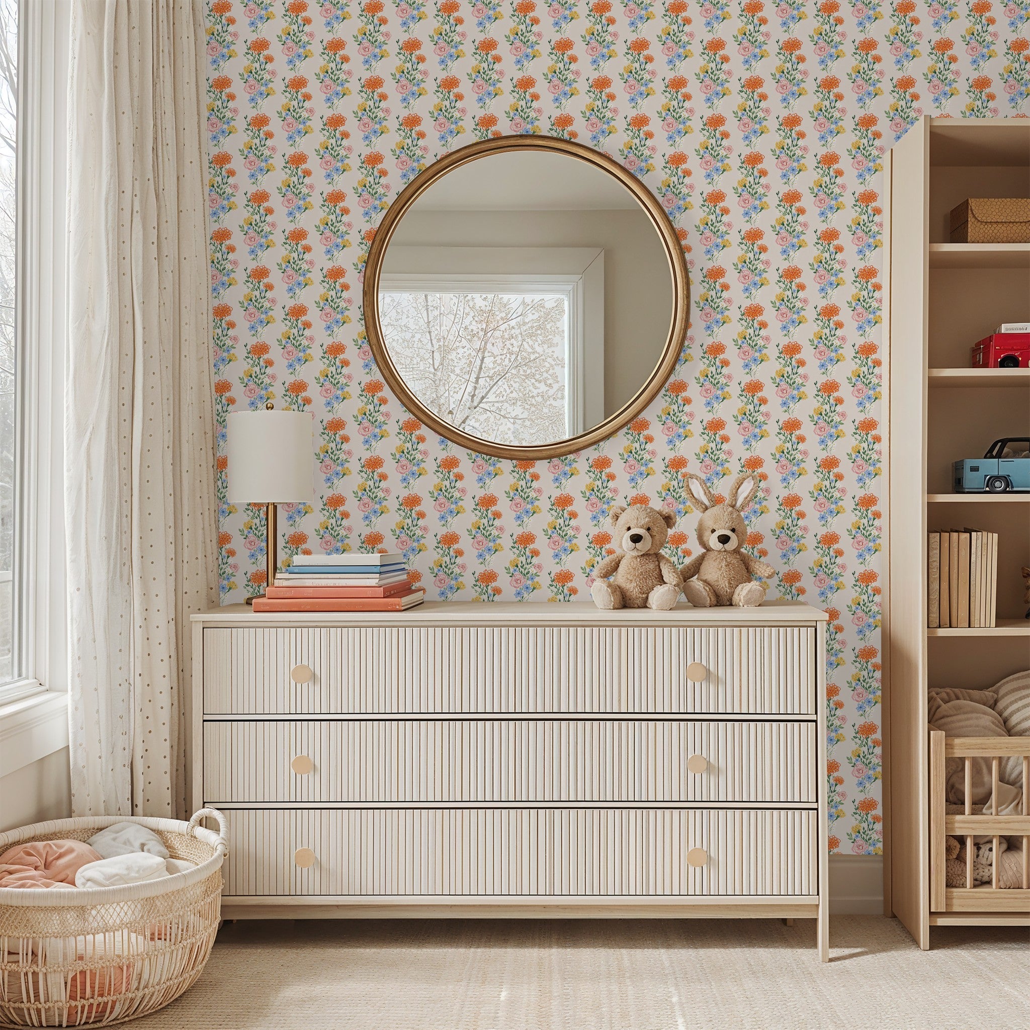 Eden Fields floral wallpaper with orange and pink flowers in a cozy nursery setting.