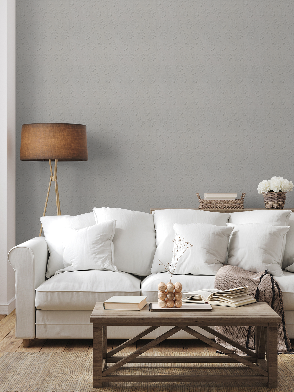 Elegant floral embossed wallpaper in cozy living room with white sofa and wooden decor.