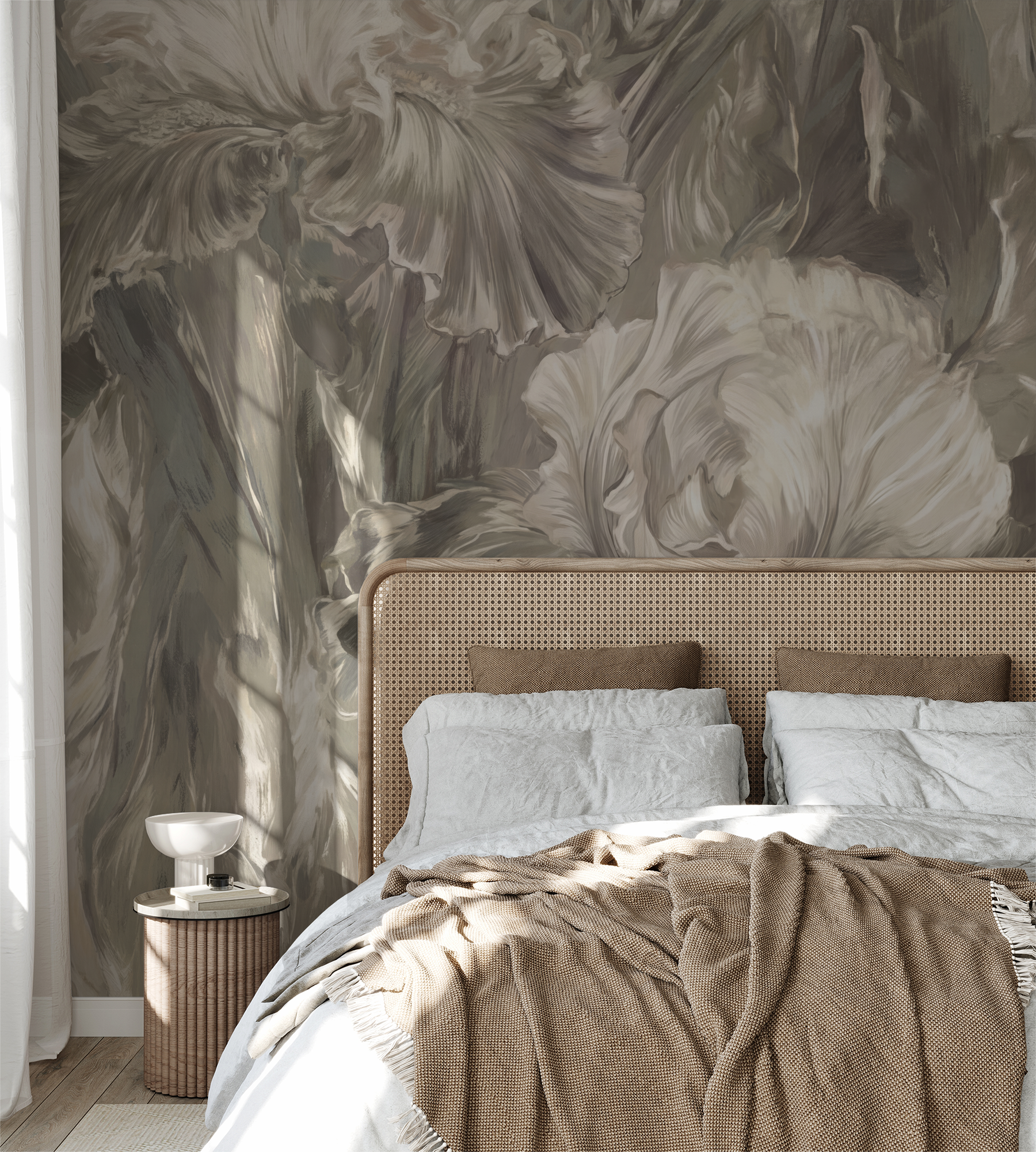 Elegant floral iris wallpaper in muted tones in a cozy bedroom setting.