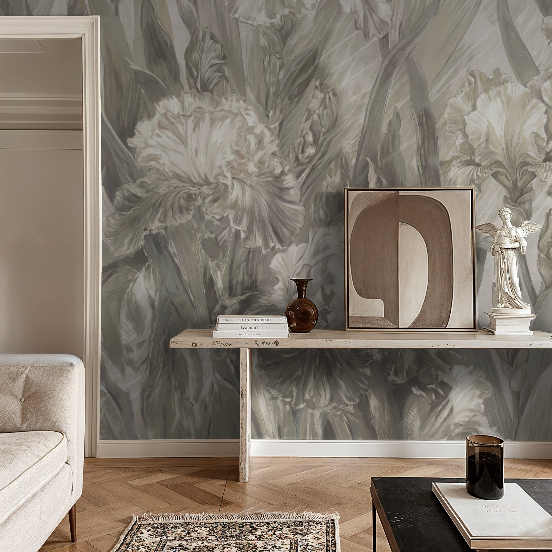Elegant floral wallpaper with irises in muted tones in a stylish living room setting.