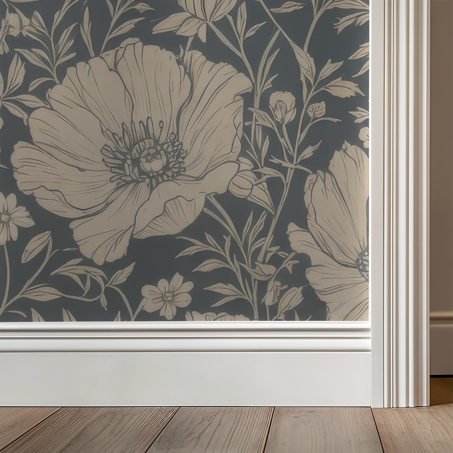 Elegant floral wallpaper with intricate beige flowers on a dark background in a room setting.