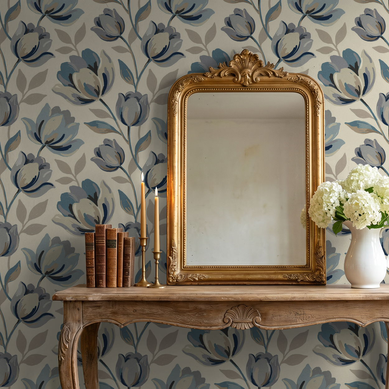 Elegant floral wallpaper with blue and gray tulips in vintage room setting.