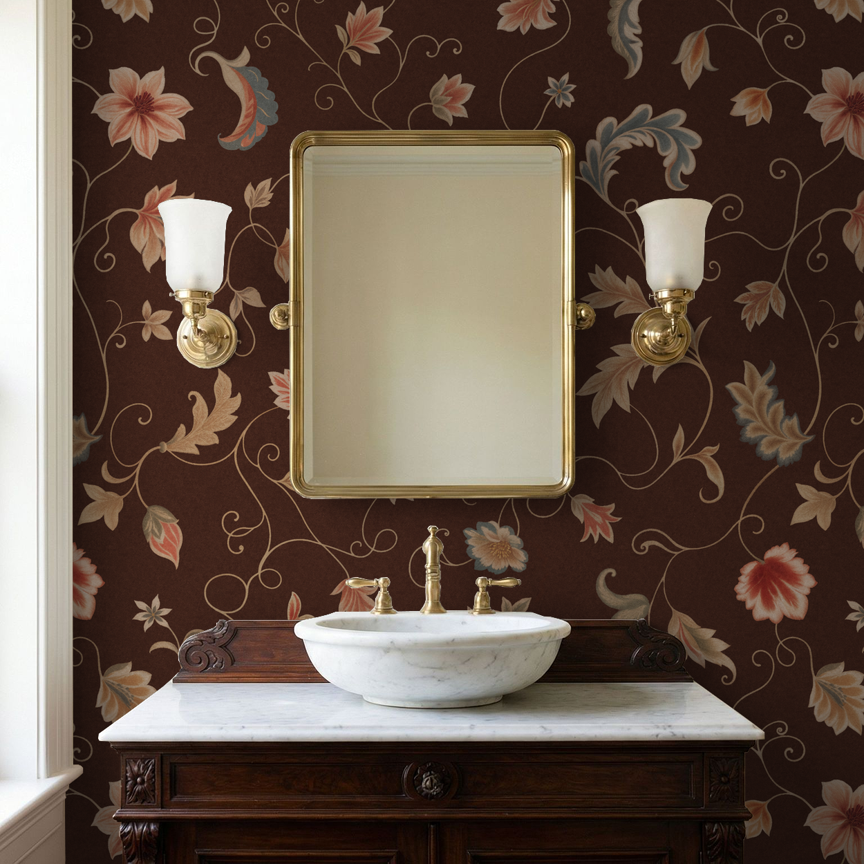 Elegant floral wallpaper with chocolate brown background and delicate motifs in a classic bathroom setting.