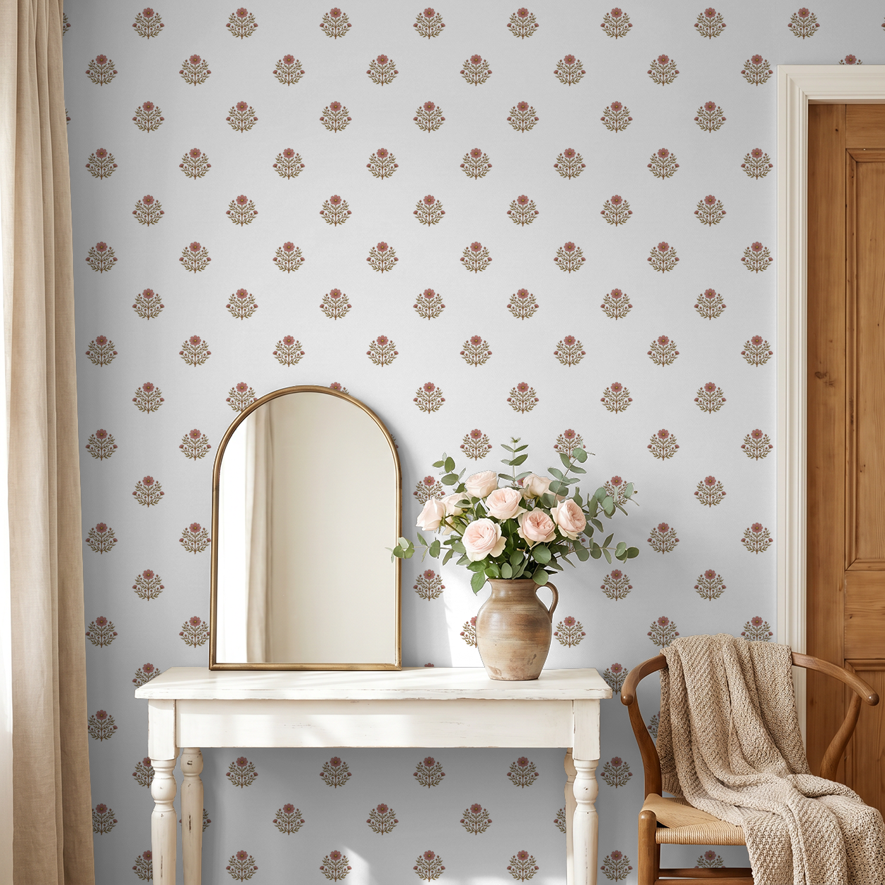 Elegant floral wallpaper with delicate motifs in a cozy room setting with mirror and flowers.