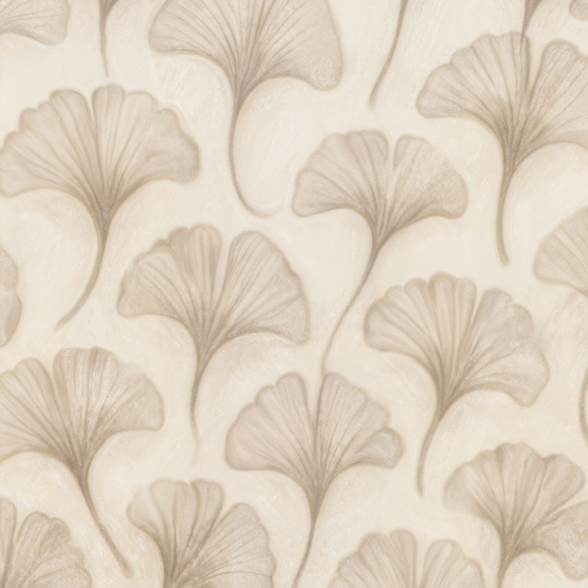 Elegant ginkgo leaf wallpaper in soft beige tones with subtle textures.