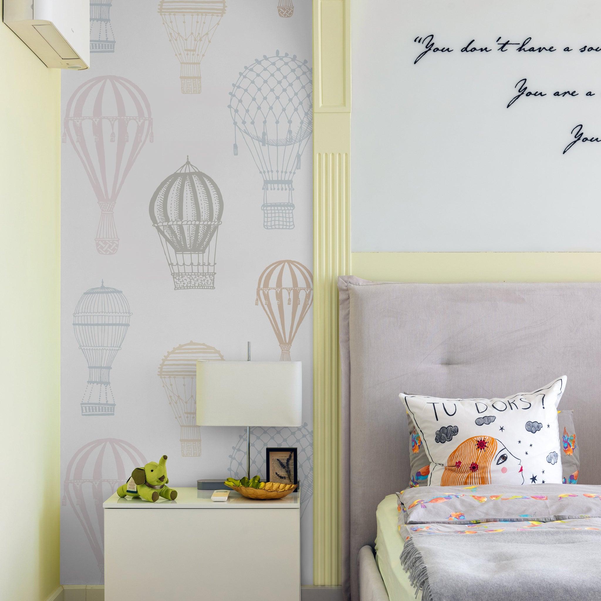 Ellie Wallpaper by Wall Blush SG02 showcased in a cozy bedroom with hot air balloon designs, enhancing room decor.