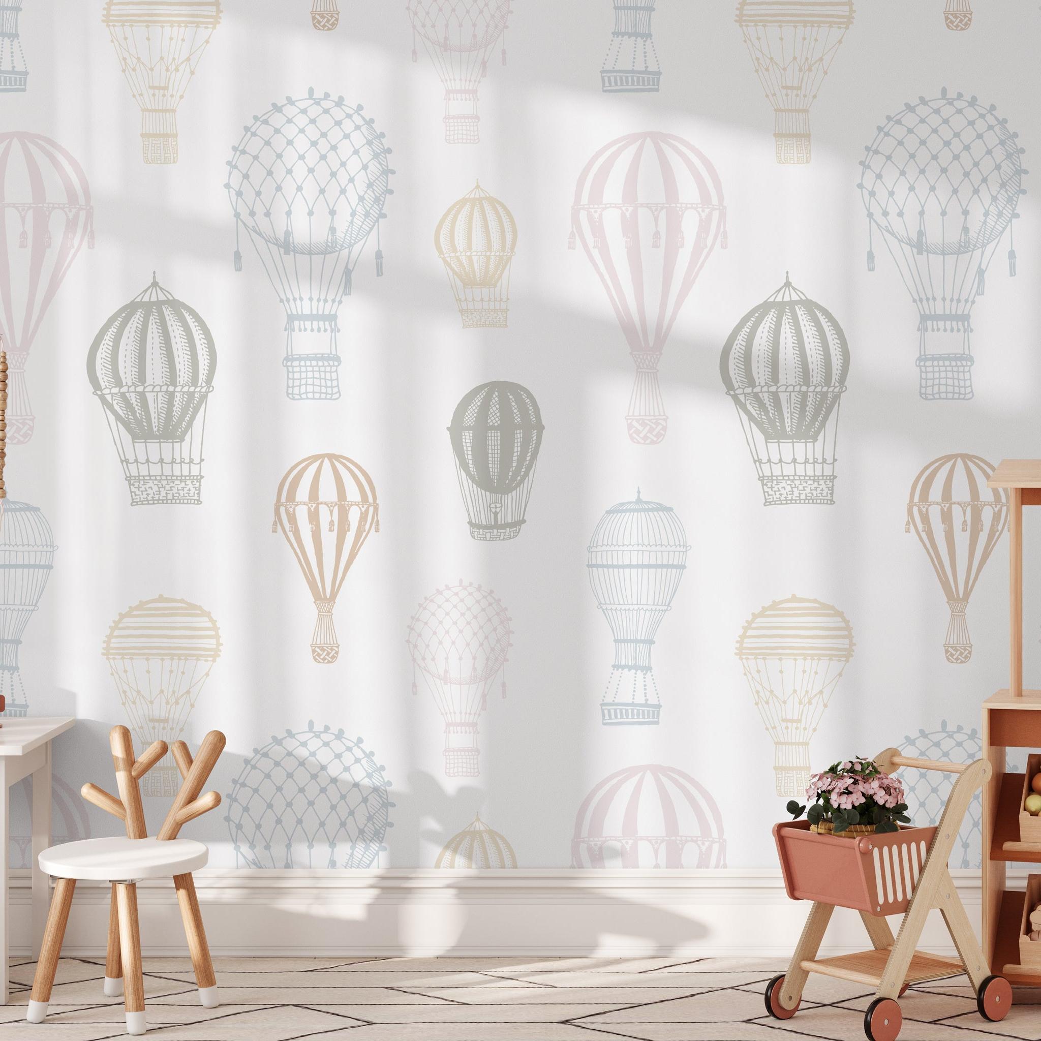 Ellie Wallpaper by Wall Blush SG02 in a stylish, sunlit children's room, featuring playful hot air balloon designs.