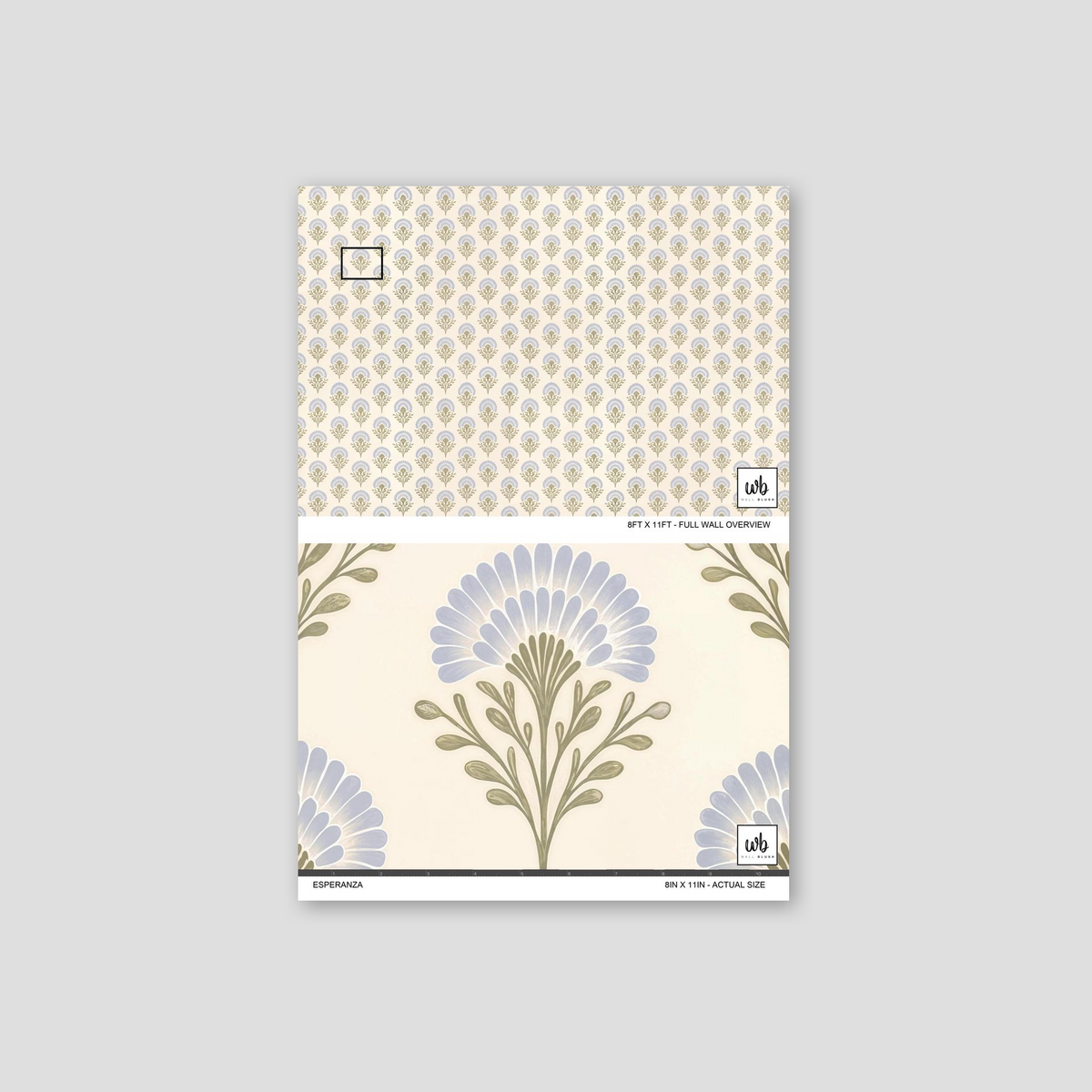 Esperanza wallpaper with blue floral pattern on cream background, botanical style.