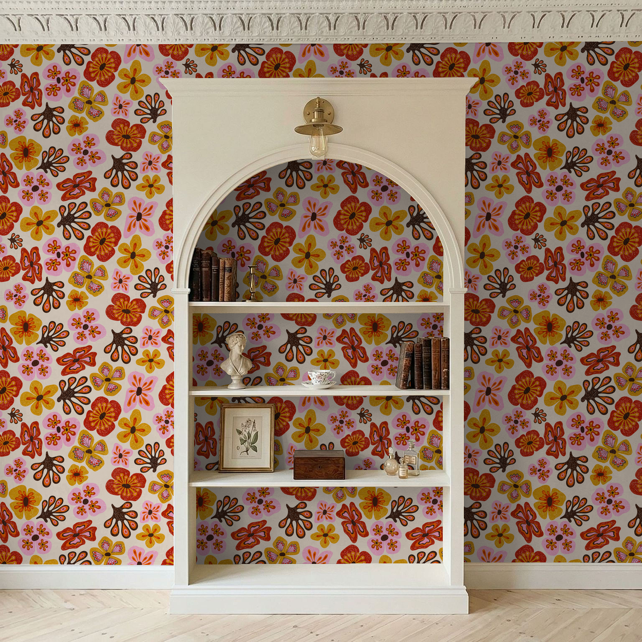 Colorful floral wallpaper with retro pattern in a cozy living room setting.