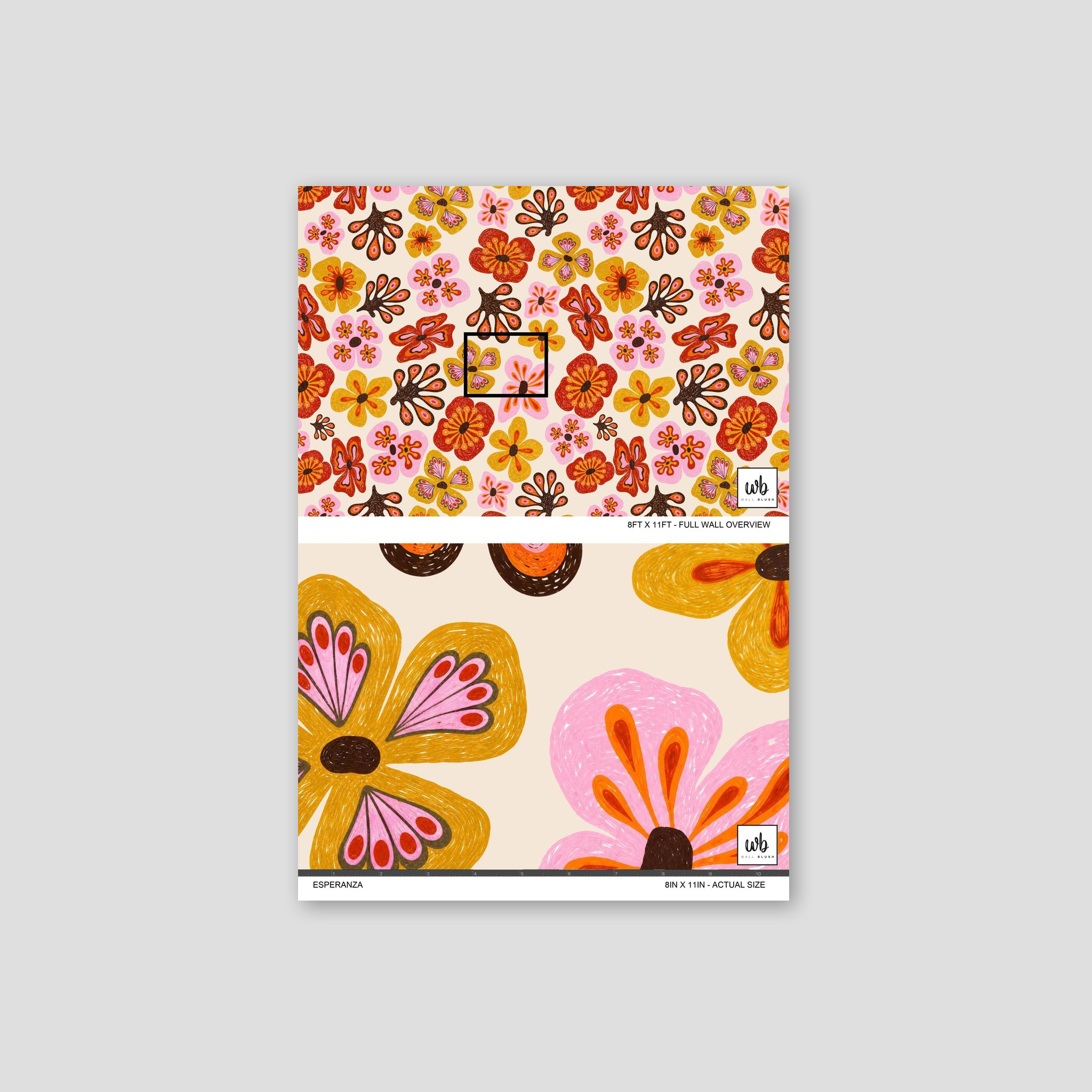 Colorful floral wallpaper with vibrant hand-painted flowers in pink, orange, and yellow hues.