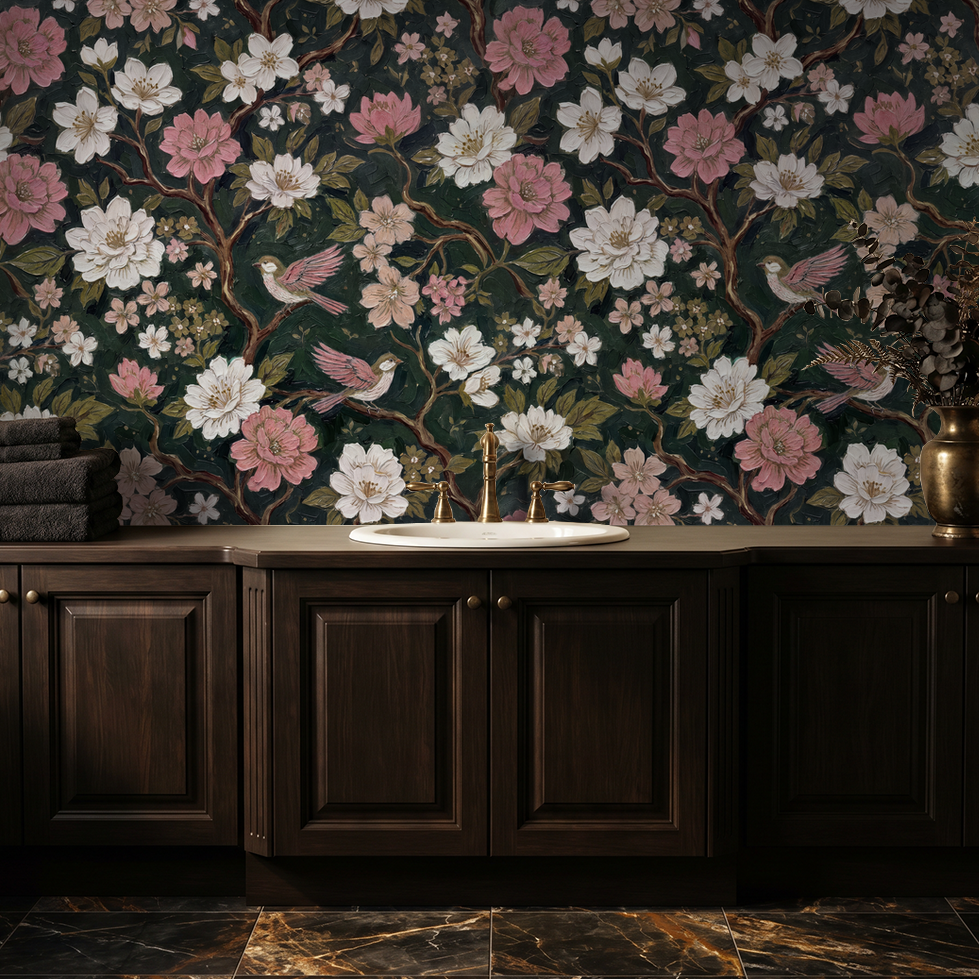 Floral wallpaper with pink and white blossoms and birds in elegant bathroom setting.