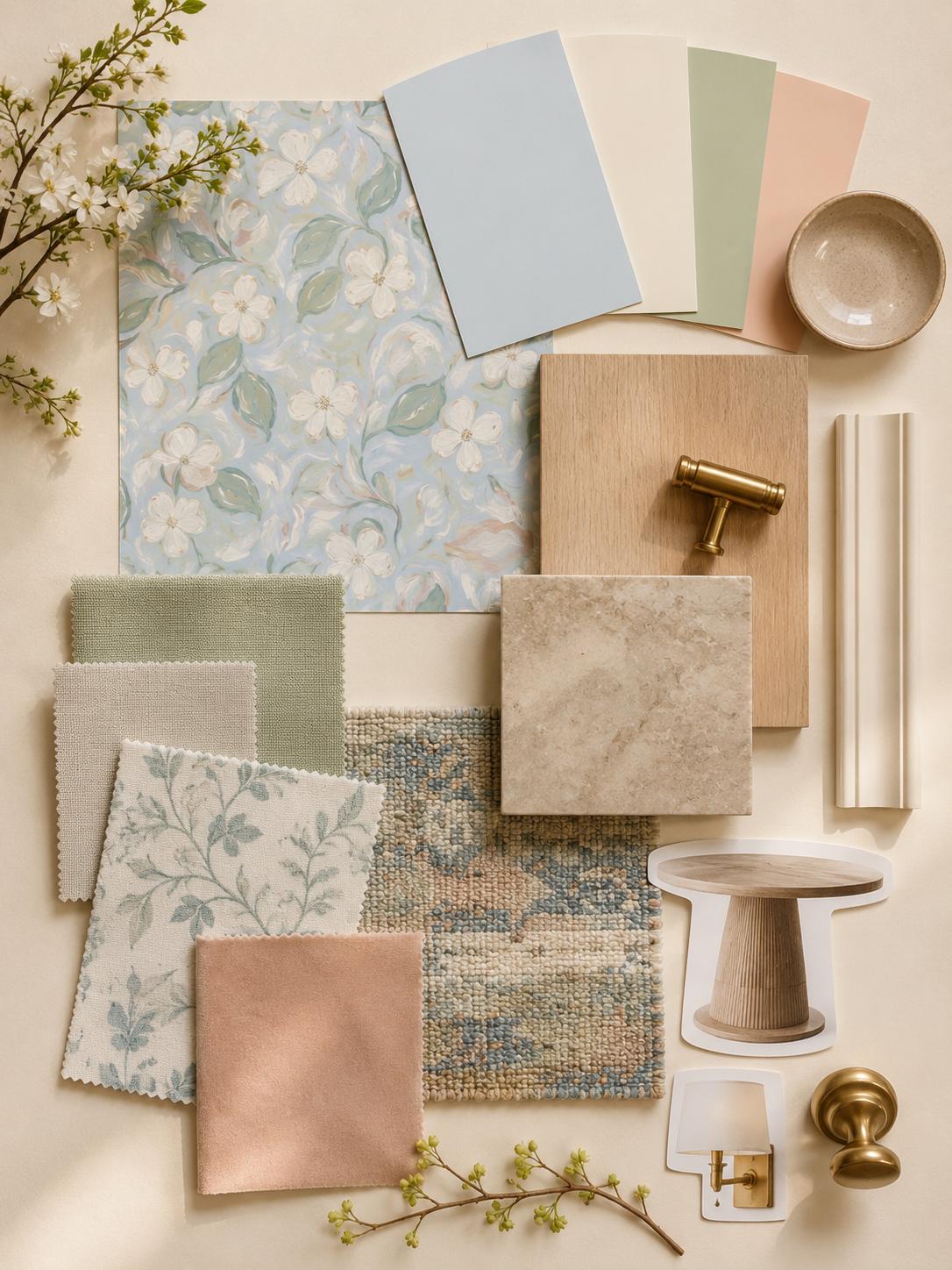Evelyn's Eden wallpaper with soft blue and green floral pattern in a mood board with fabric and decor samples.