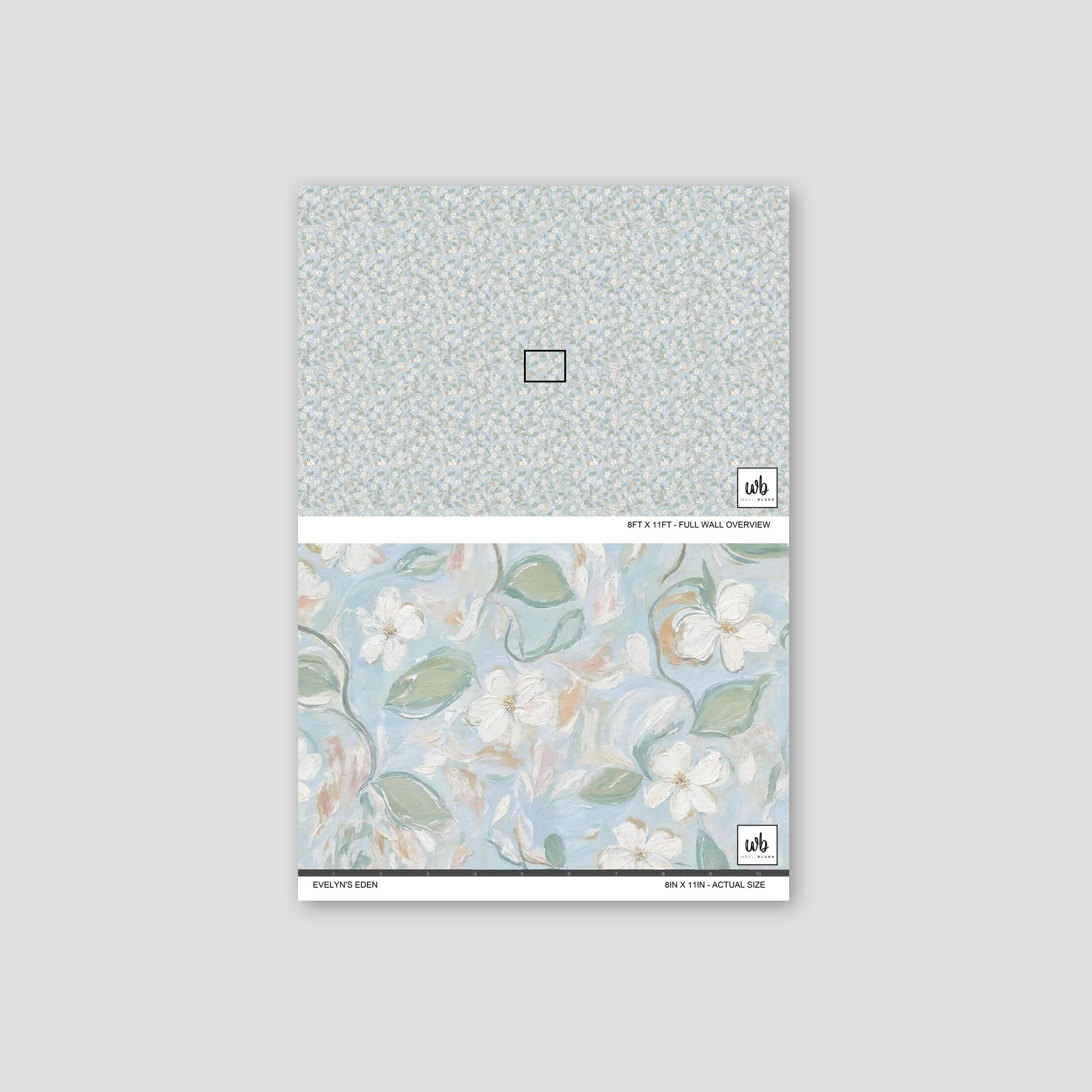 Evelyn's Eden wallpaper with soft blue and green floral pattern, white flowers.