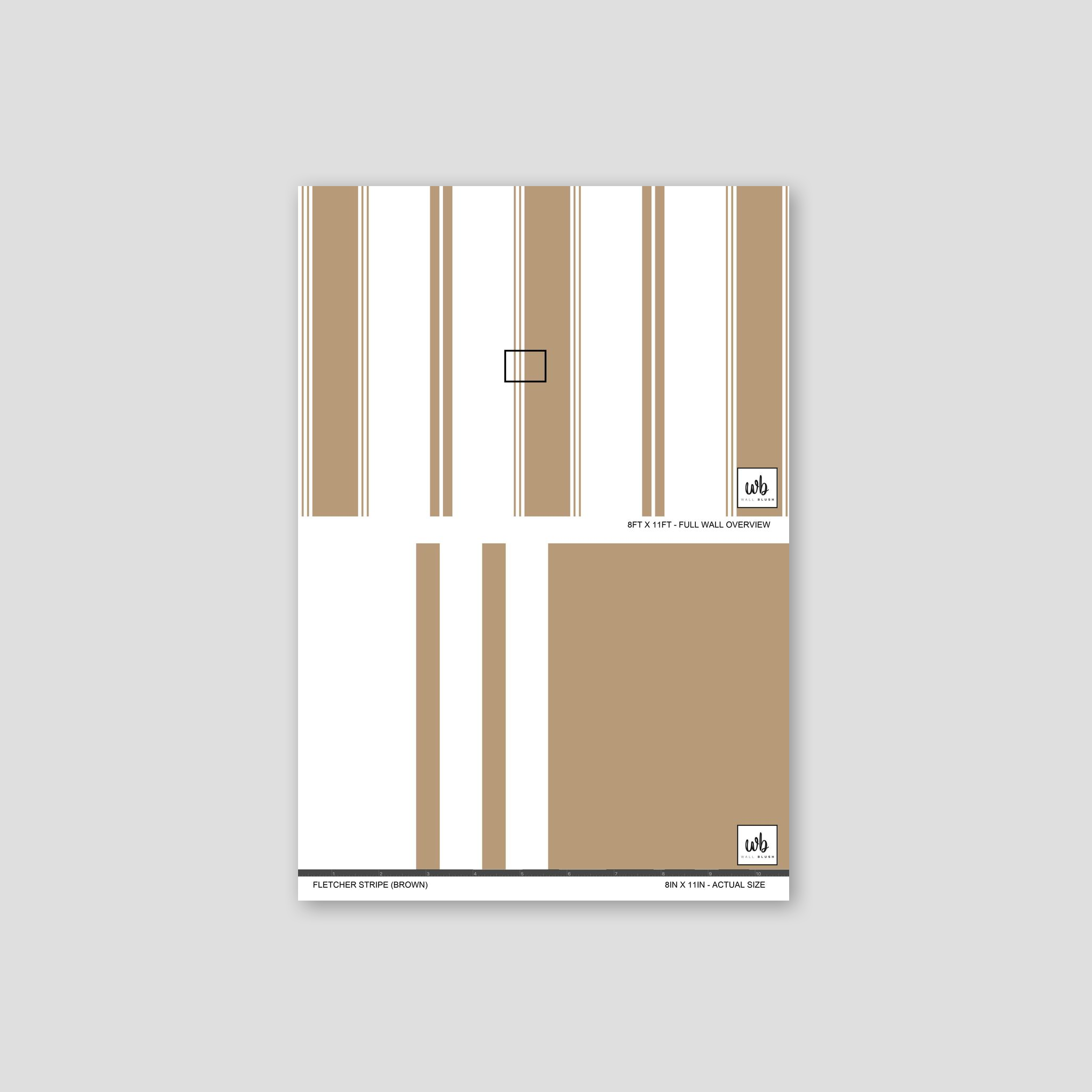 Fletcher Stripe brown wallpaper sample with vertical lines on a neutral background.