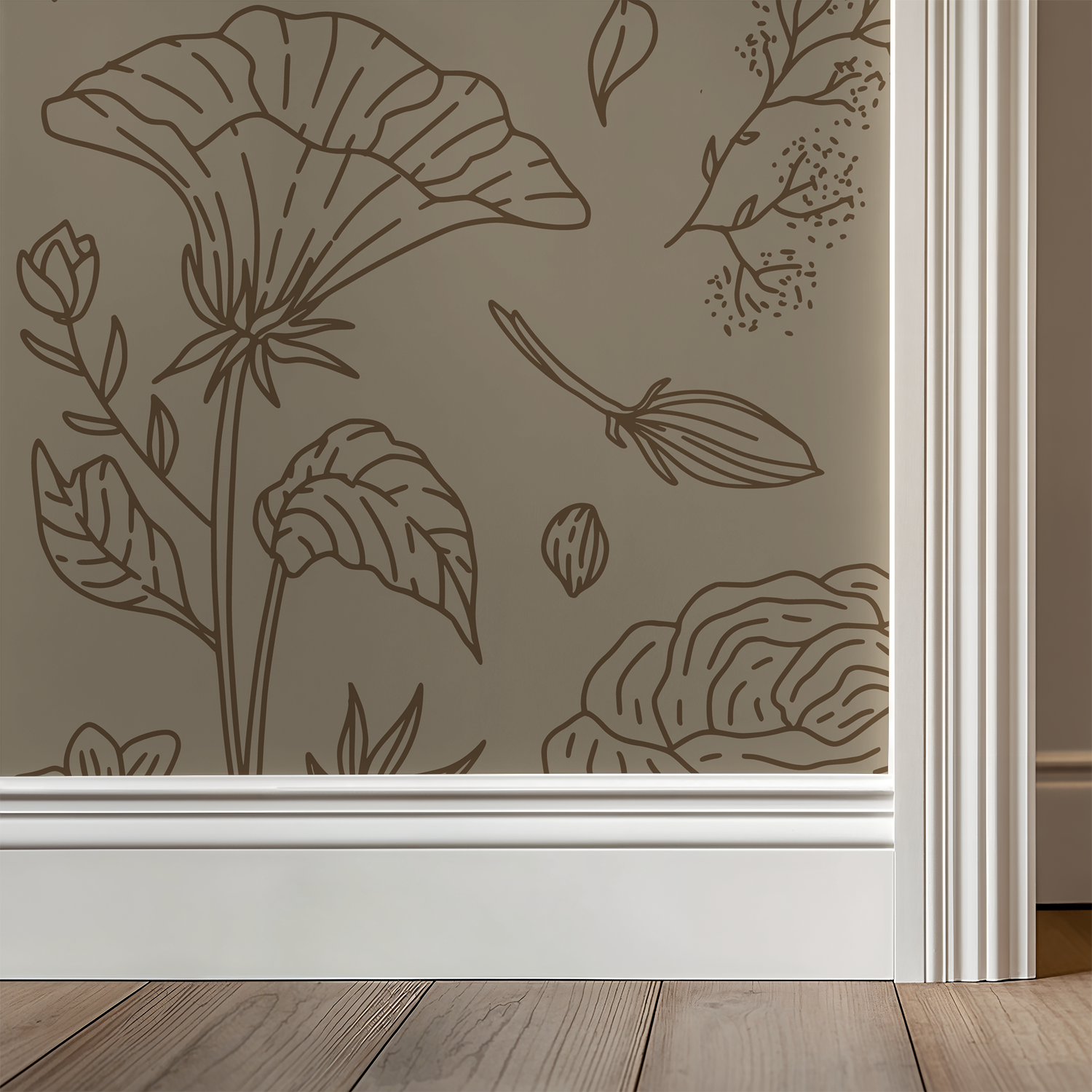 Floral wallpaper with sepia linework on tan background in room setting.