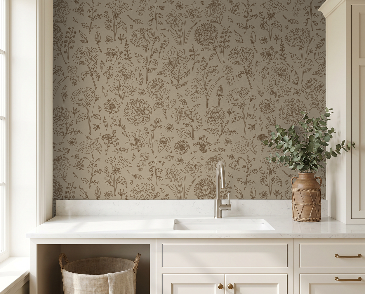Floral tan wallpaper with sepia linework in a kitchen setting