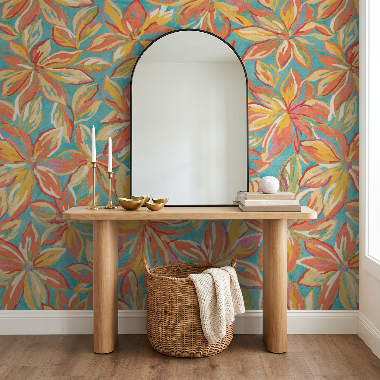 Floral aqua wallpaper with coral and peach in modern hallway setting.