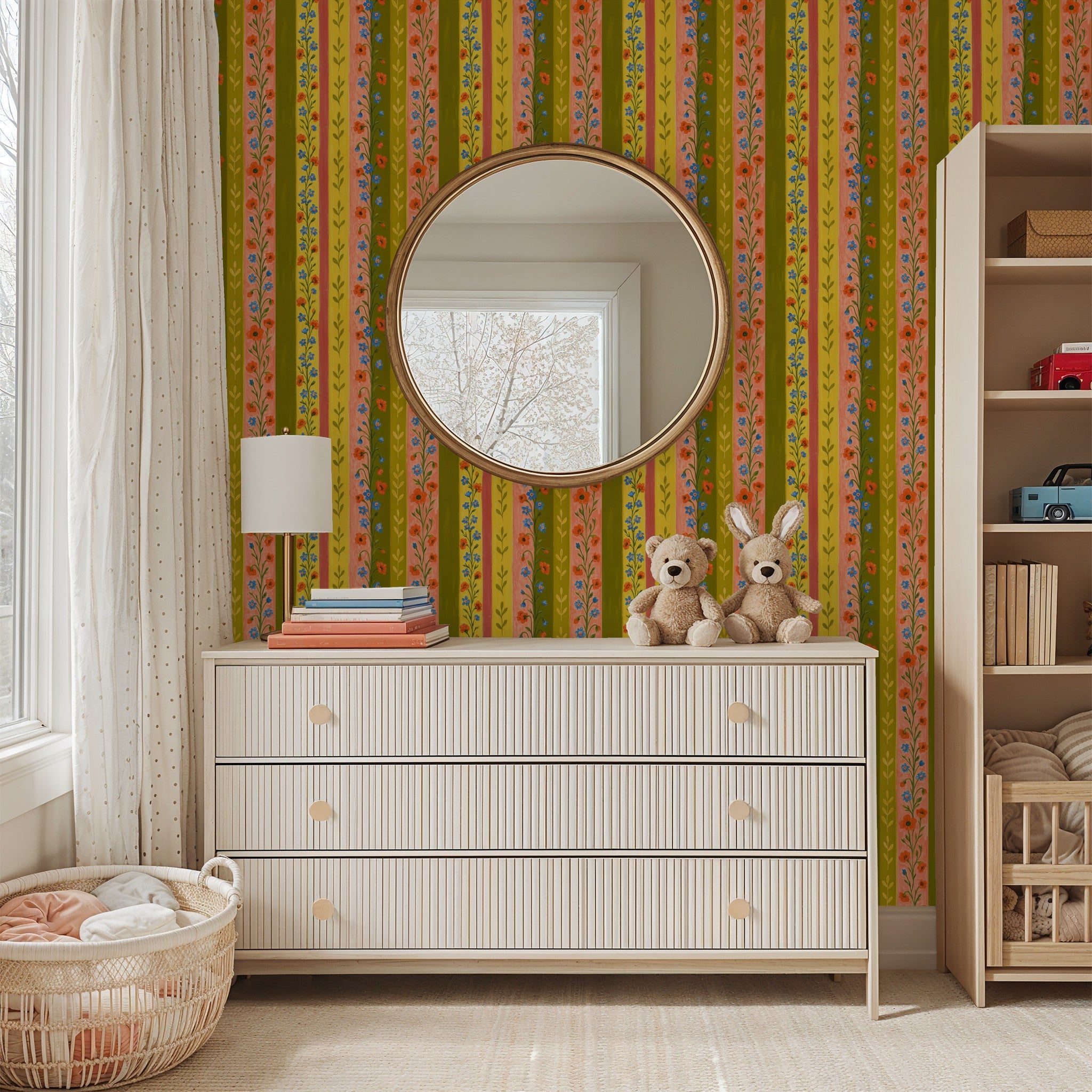 Floral striped wallpaper in olive, mustard, coral in cozy nursery with dresser.