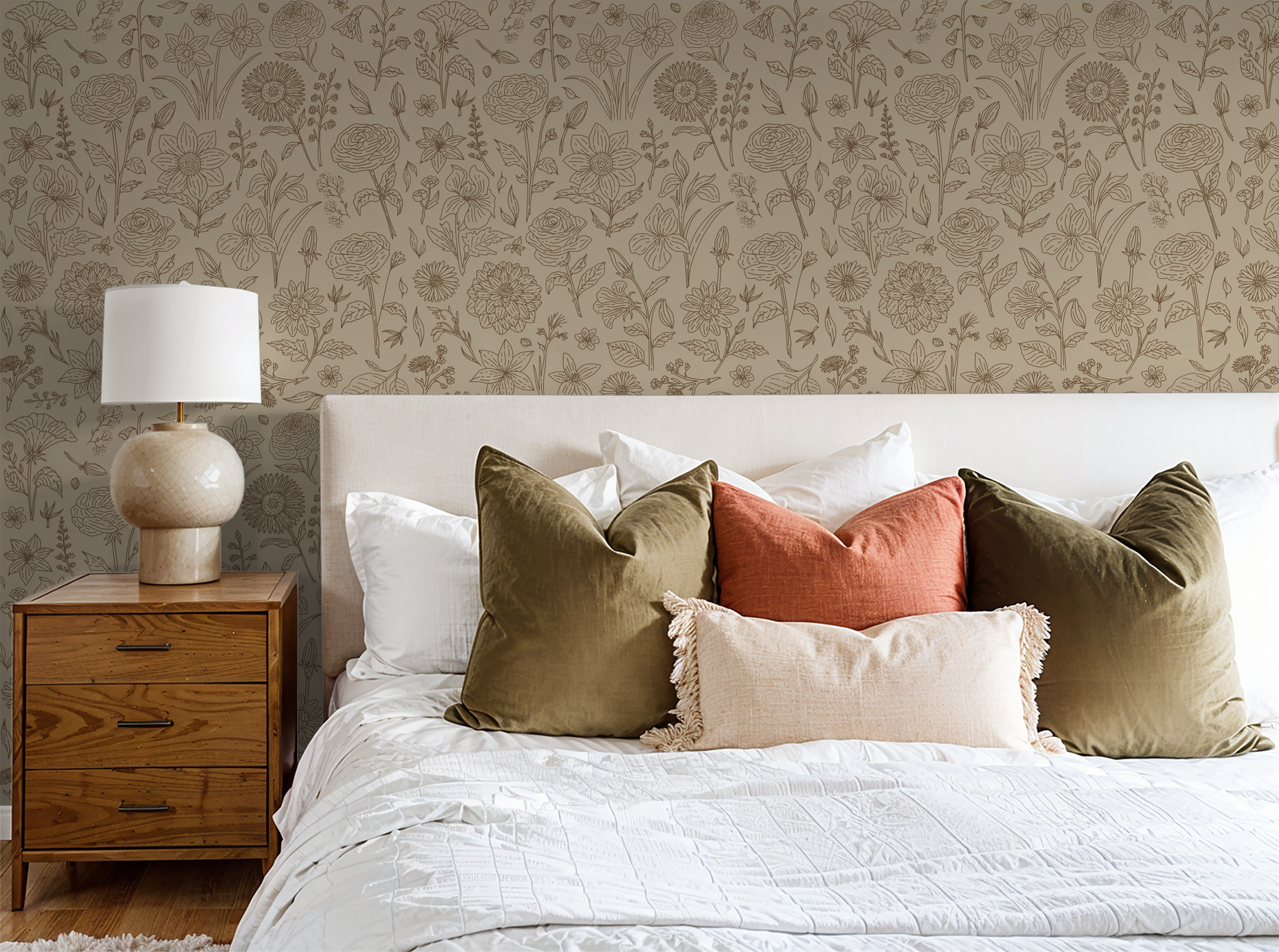 Floral tan wallpaper with sepia botanical design in cozy bedroom setting.