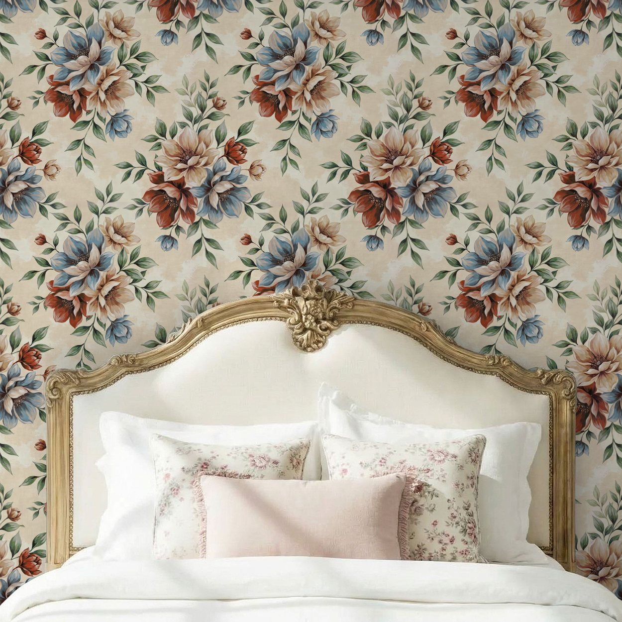 Floral wallpaper with large blue and red flowers in elegant bedroom setting.