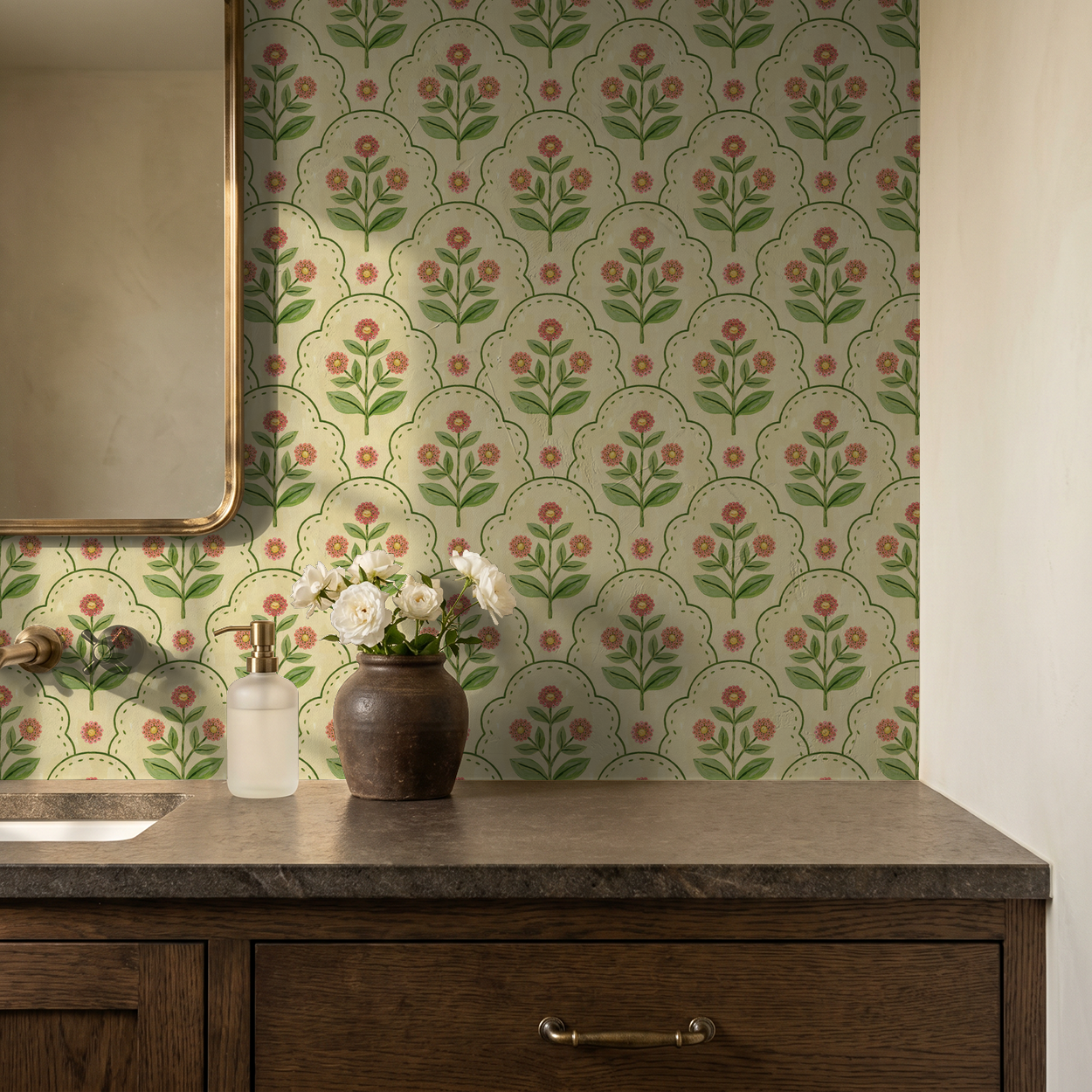 Floral wallpaper with coral and green motifs in a rustic bathroom setting.