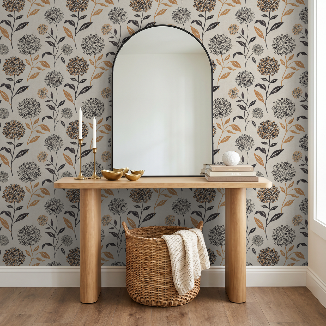 Floral wallpaper with ivory backdrop, terracotta and charcoal blooms in a modern entryway.
