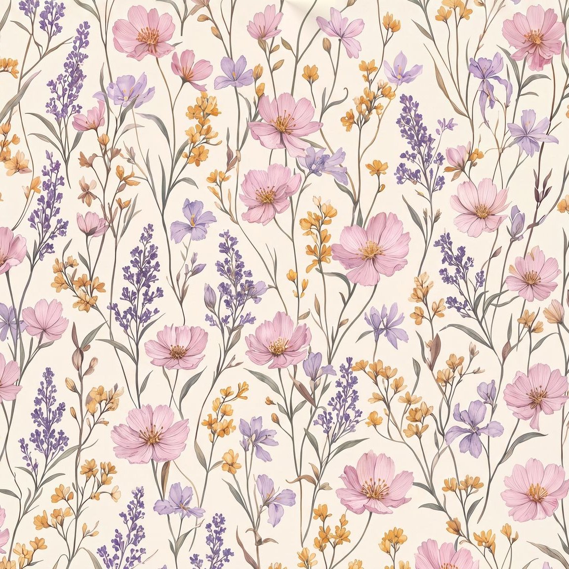 Floral wallpaper with lavender, blush pink, and mustard wildflowers on cream background.