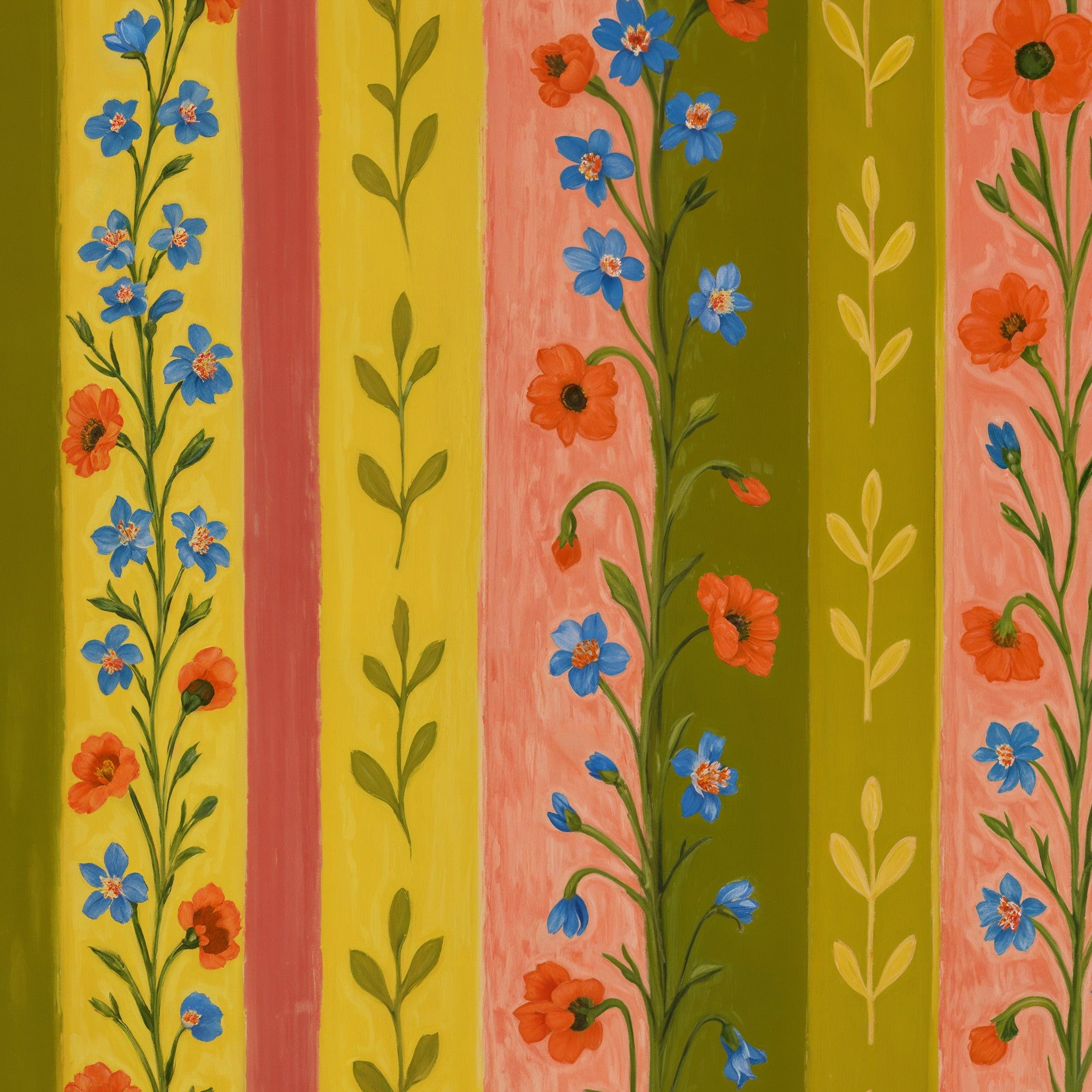 Floral wallpaper with olive, mustard, coral stripes and blue, red blossoms.