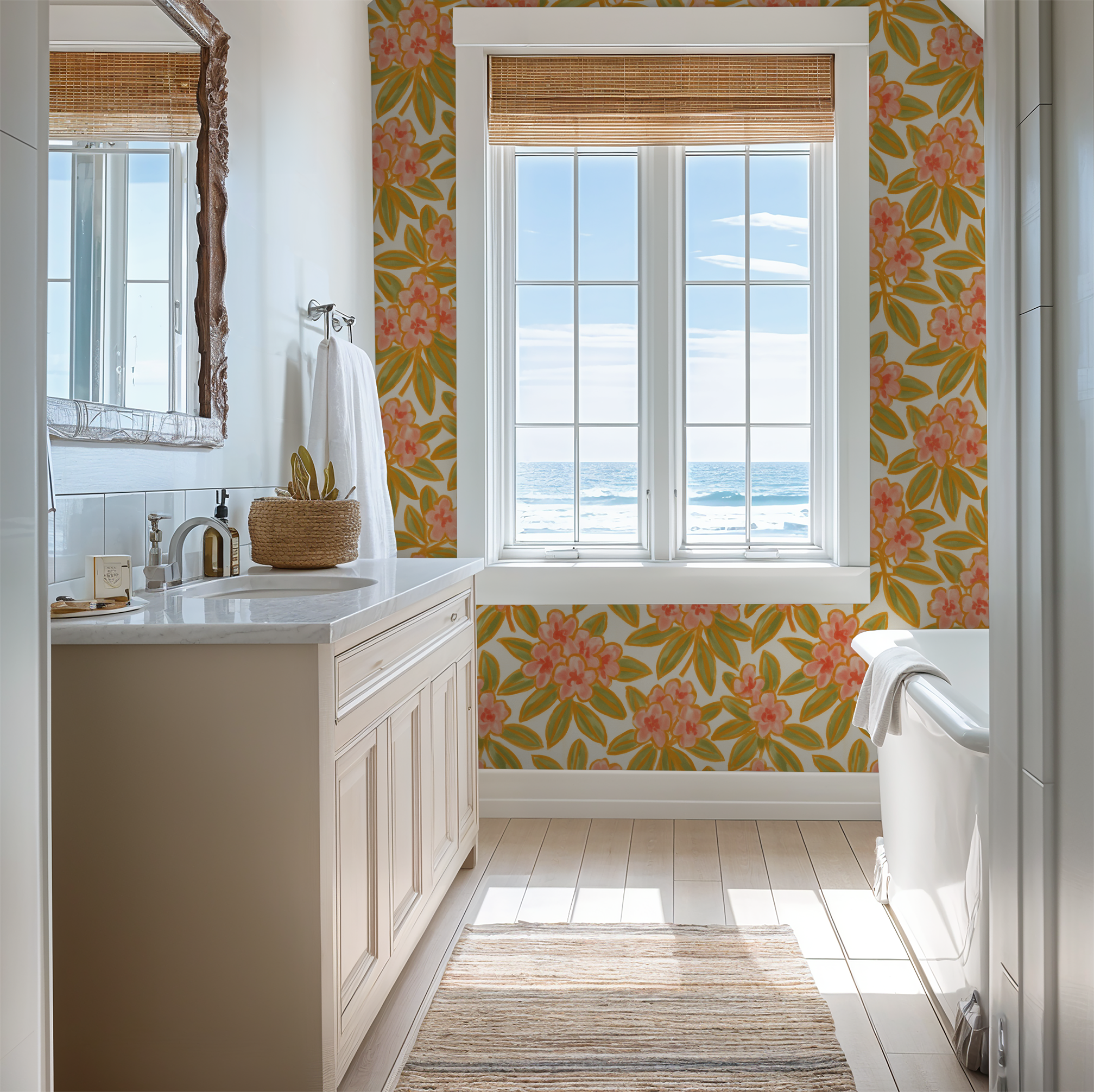 Bathroom with floral wallpaper featuring pink and green leaves, ocean view window.