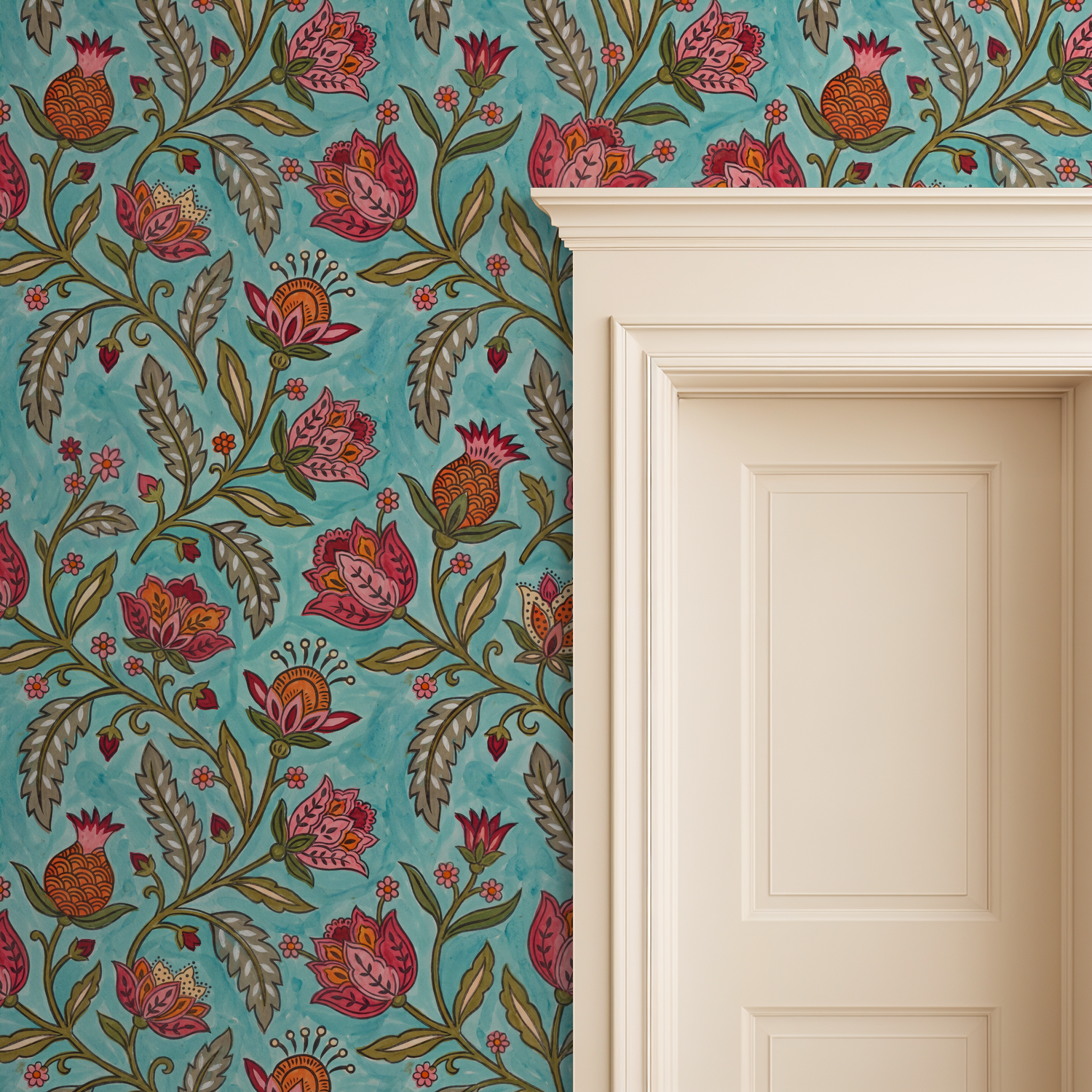 Floral wallpaper with red and orange motifs on teal background in room setting.