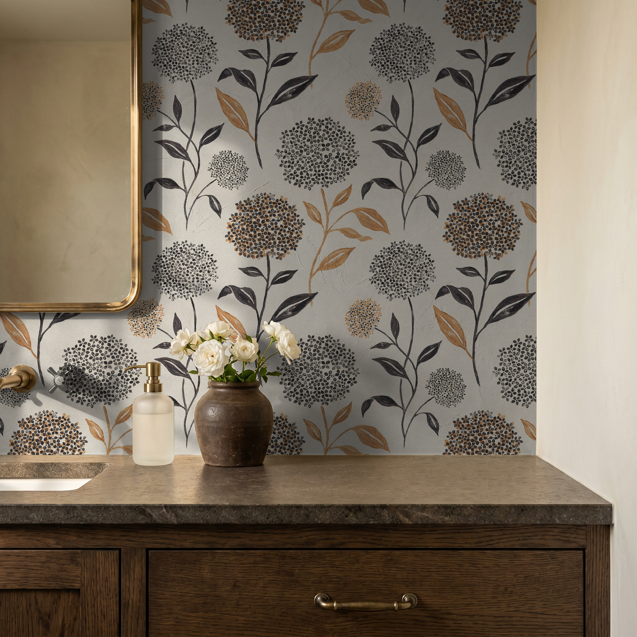 Floral wallpaper with terracotta and charcoal blooms in bathroom setting
