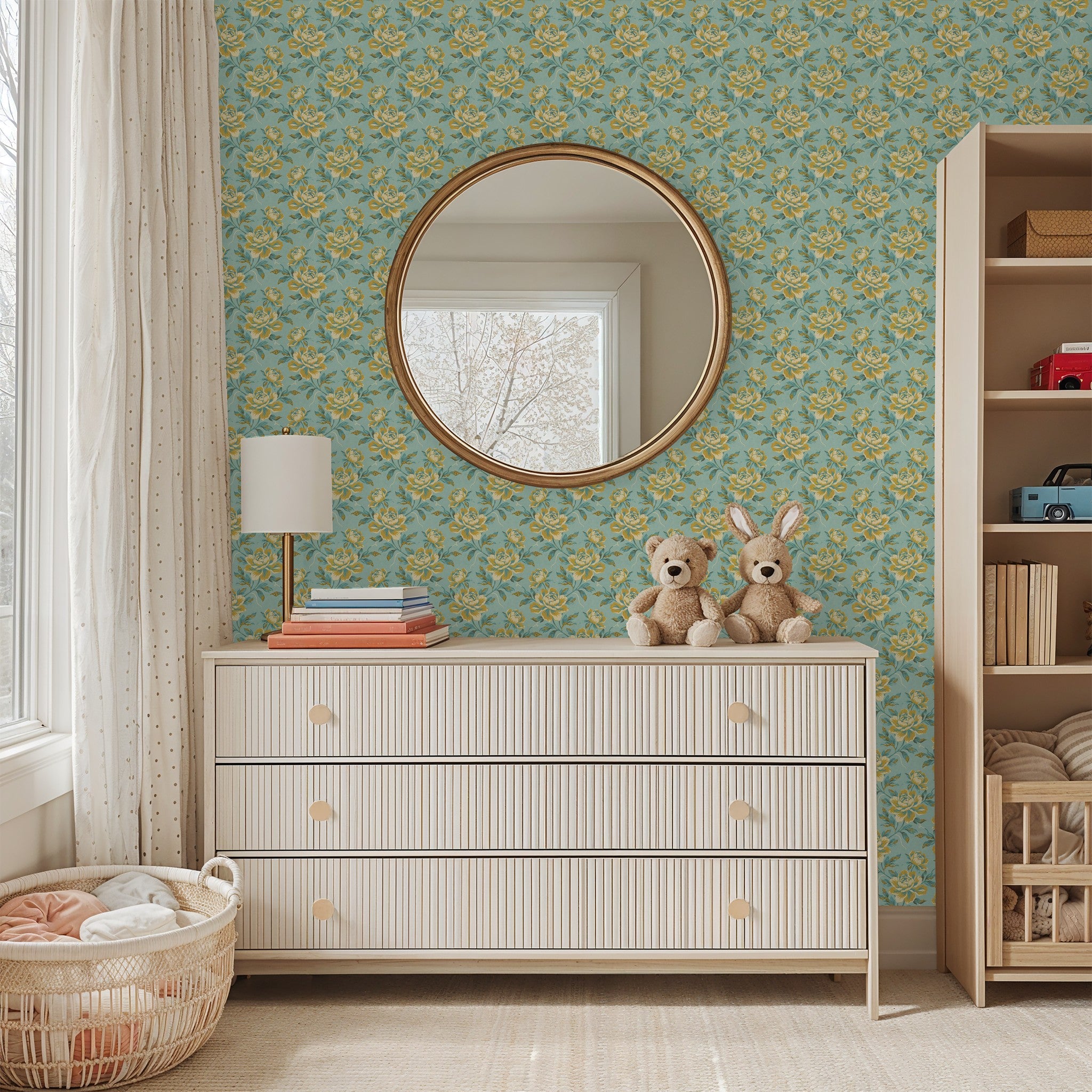 Nursery with Floranza wallpaper featuring bold florals in golden ochre and teal on turquoise.