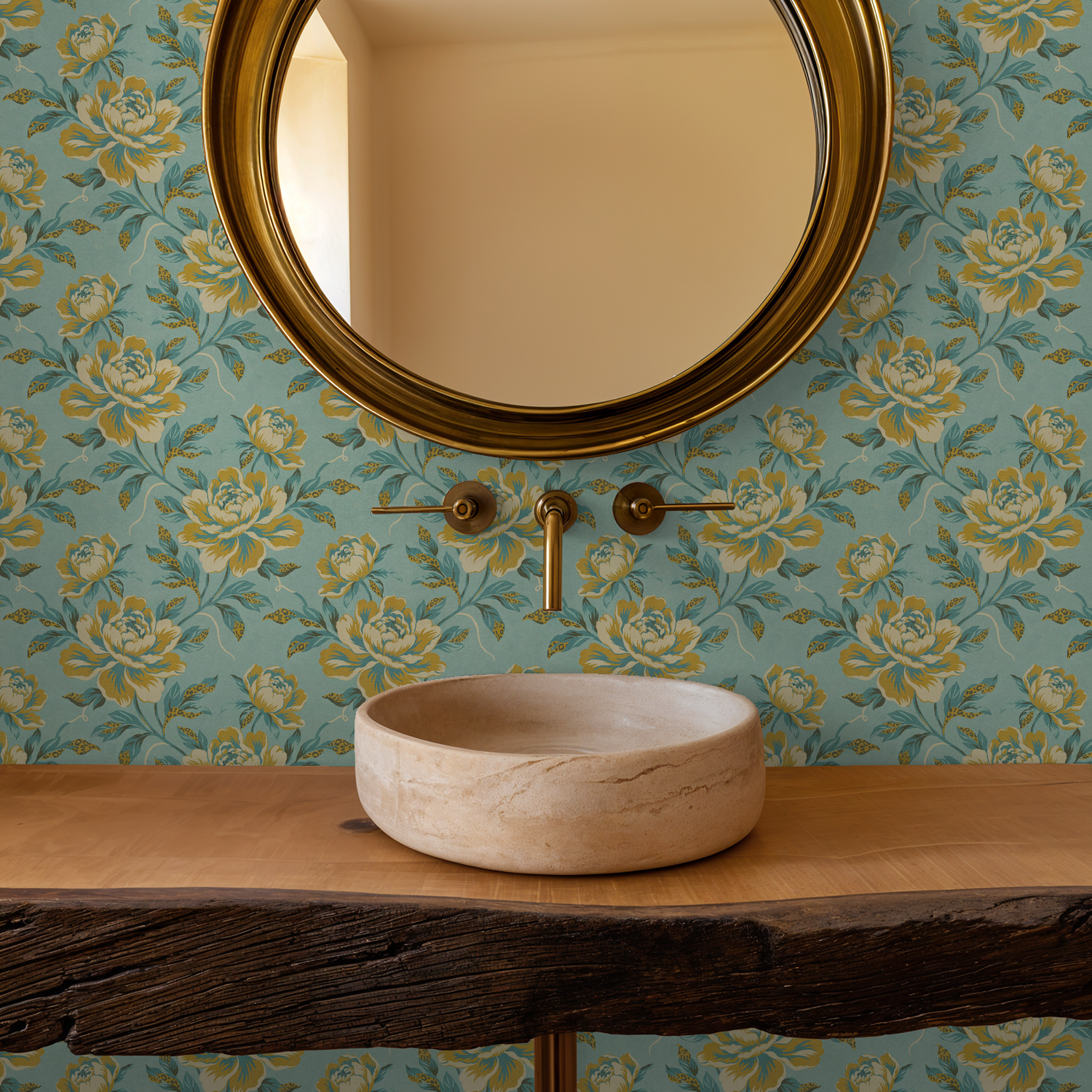 Bathroom with Floranza wallpaper, golden ochre and teal florals on turquoise backdrop