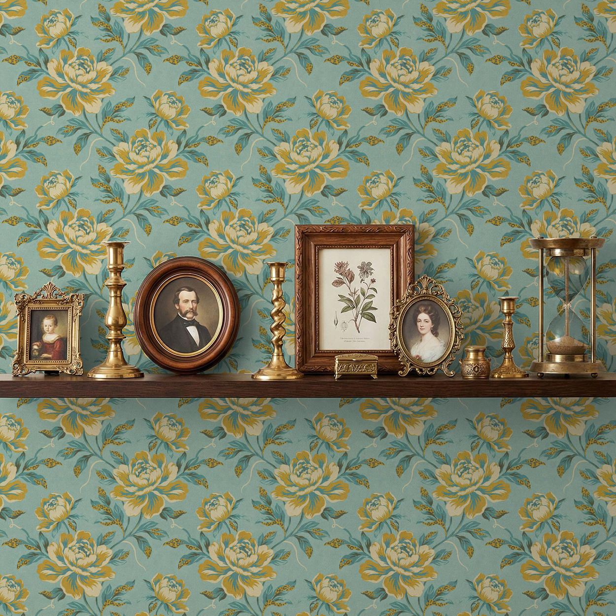 Turquoise wallpaper with golden ochre florals and vintage decor on a shelf.