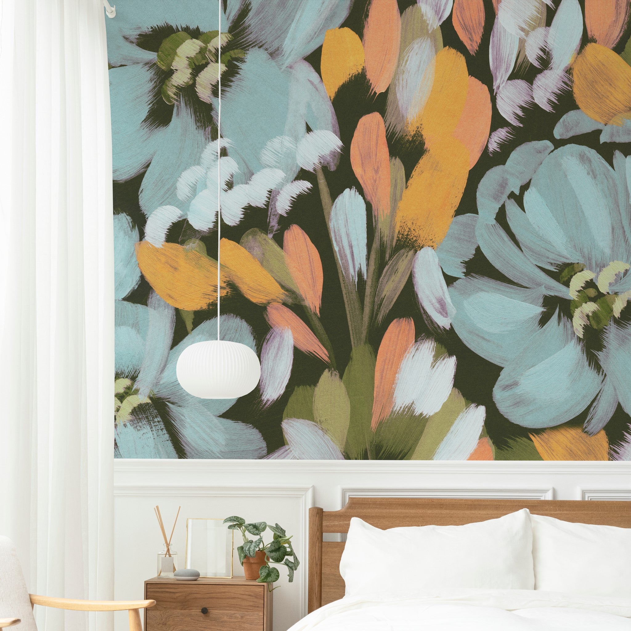 "Wall Blush's Lily Wallpaper adds a vibrant touch to a modern bedroom, highlighting stylish home decor."