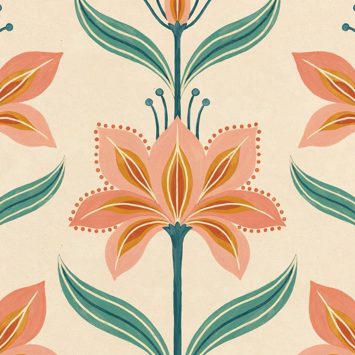 Gardenza wallpaper with coral petals and teal leaves on a cream background.