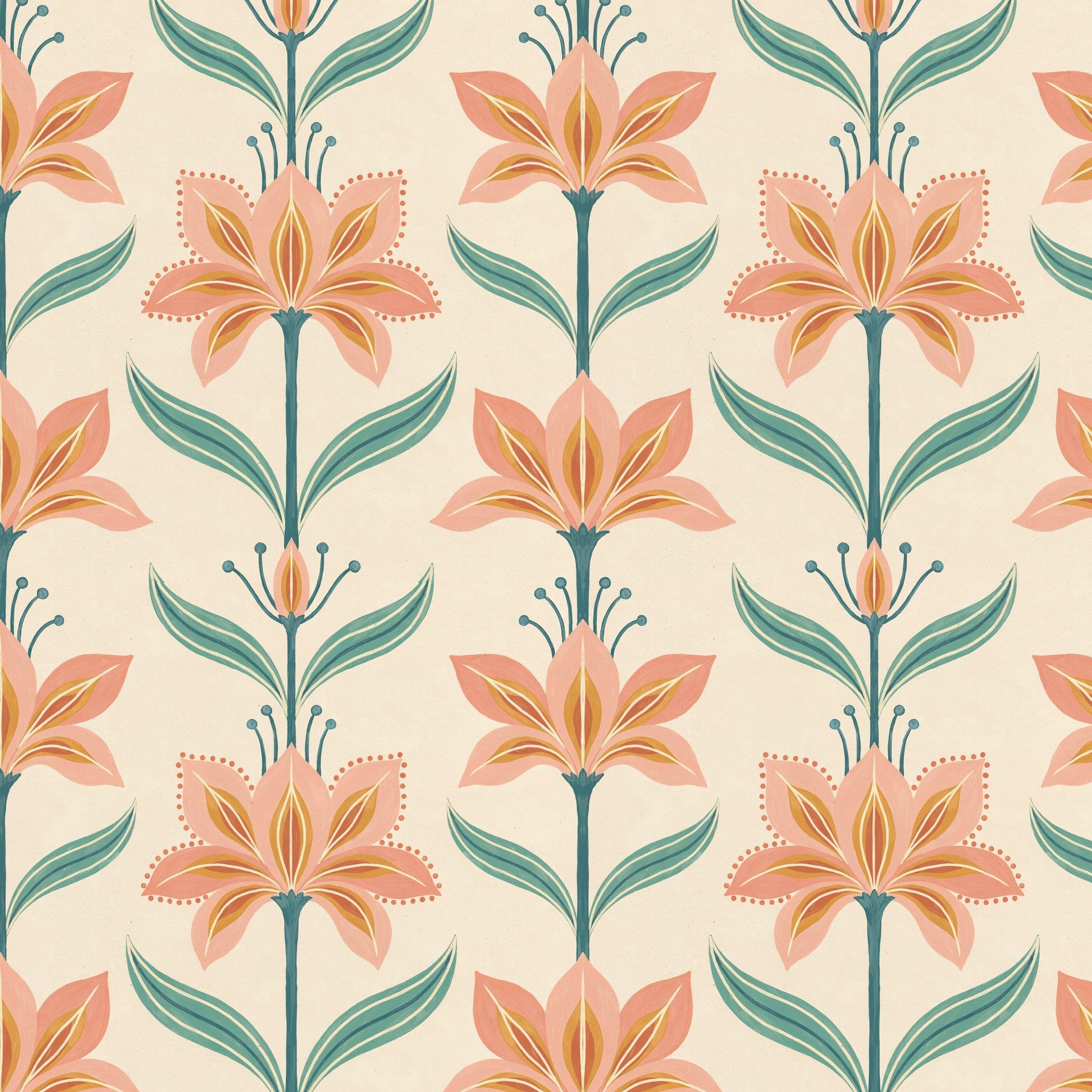 Gardenza wallpaper with coral petals, teal leaves on cream background
