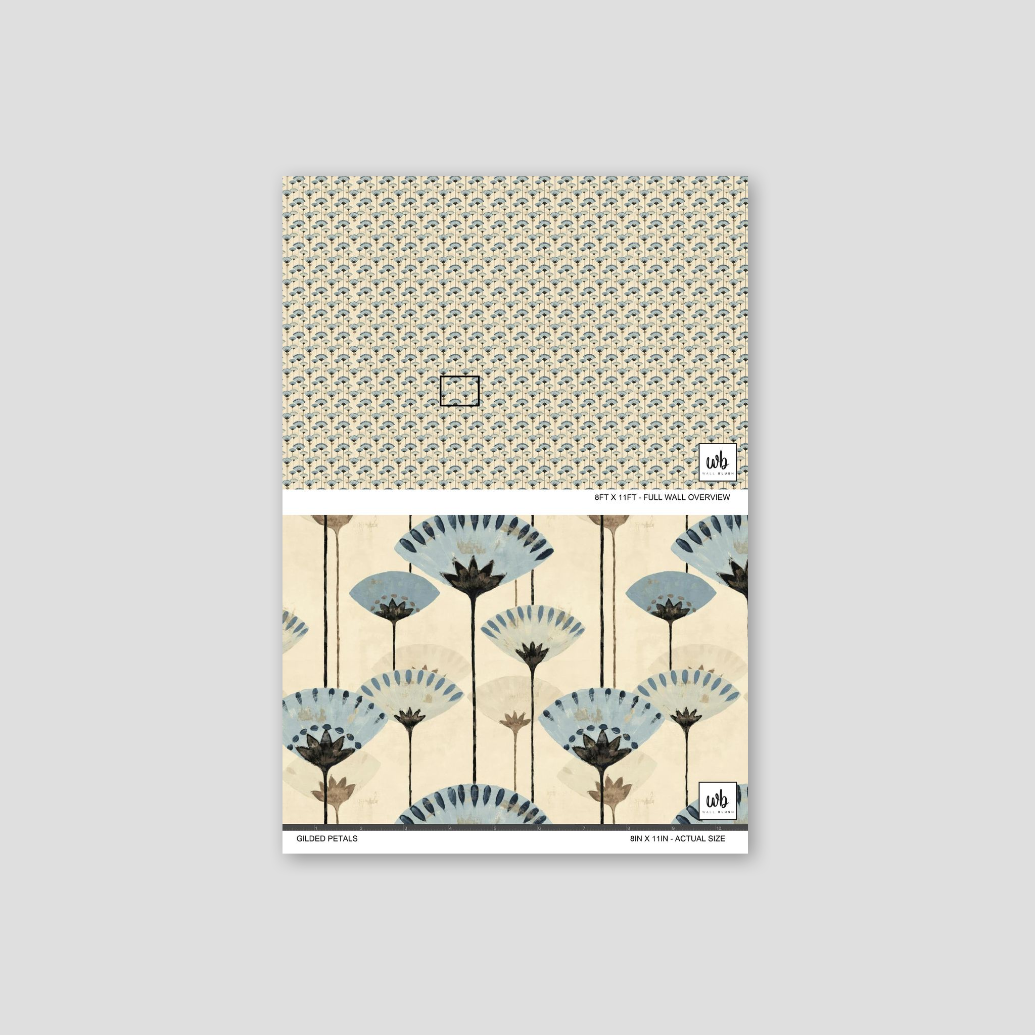 Gilded Petals wallpaper with blue and charcoal floral pattern on beige background.
