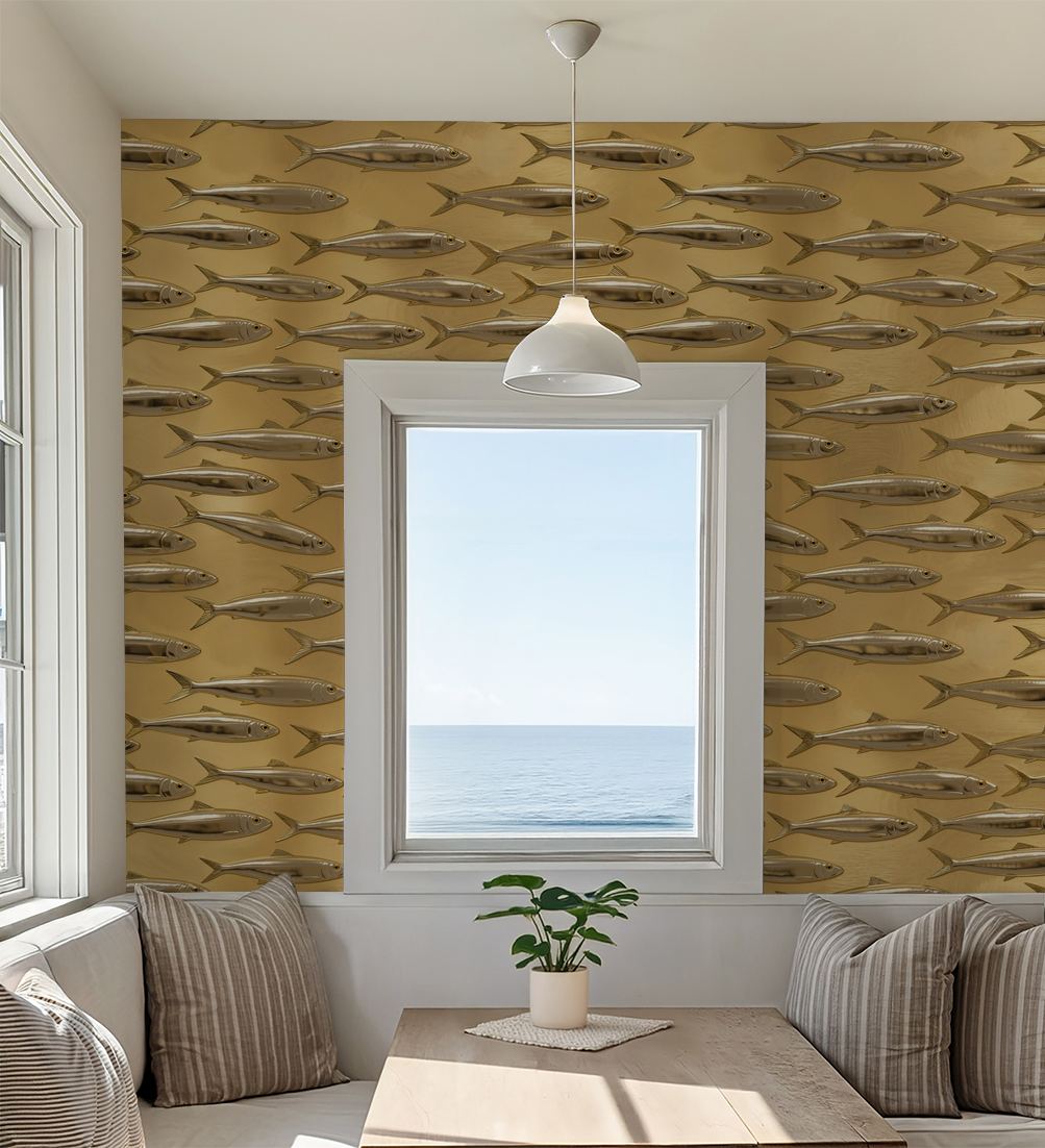 Golden fish pattern wallpaper in a modern dining room with ocean view.