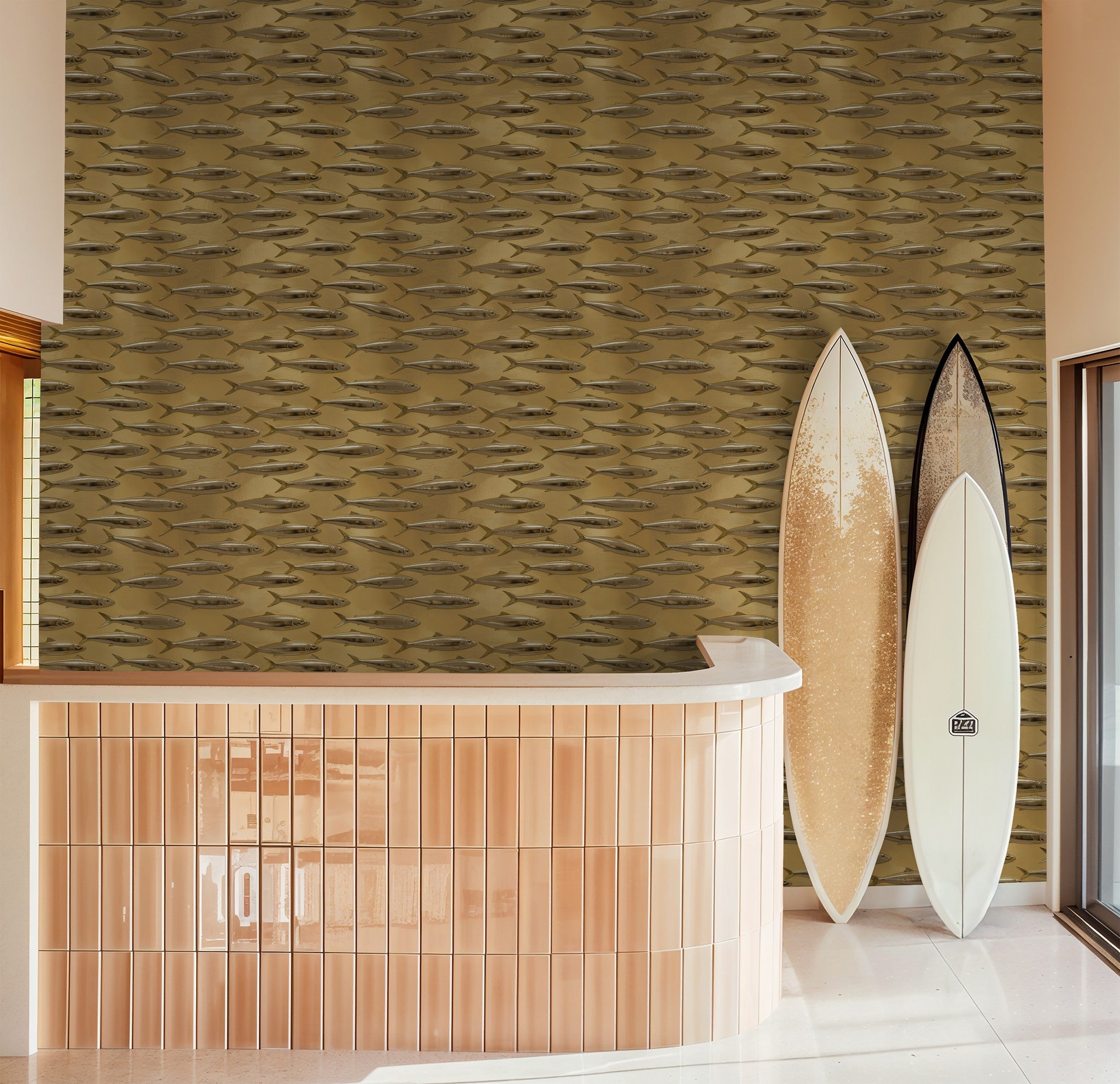 Golden fish pattern wallpaper in a modern room with surfboards and tiled counter.