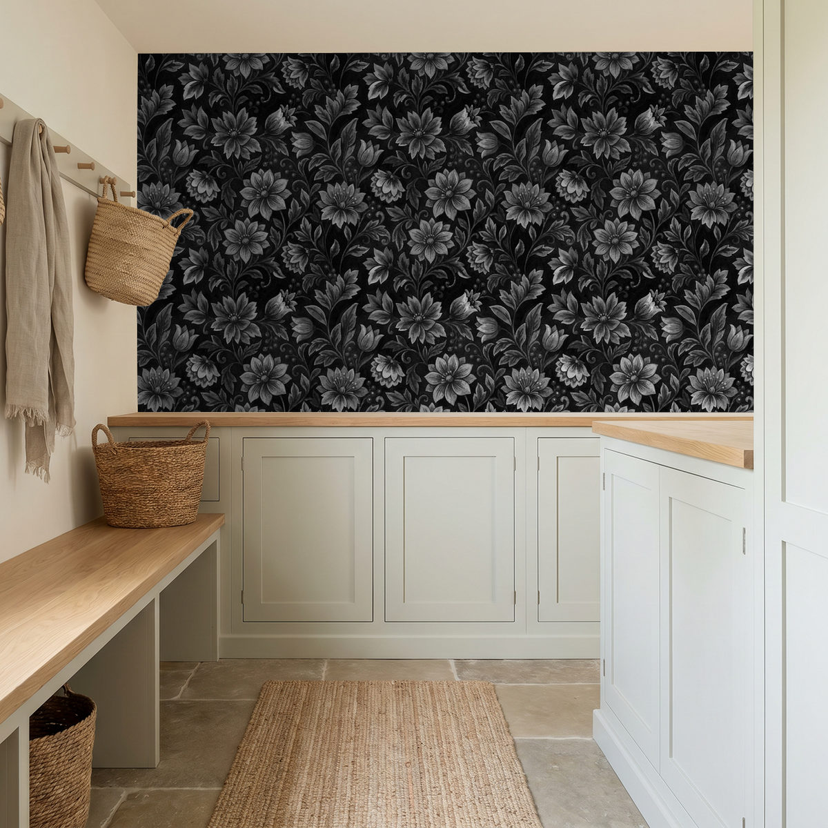 Gray floral wallpaper with intricate botanical design in a modern room setting.