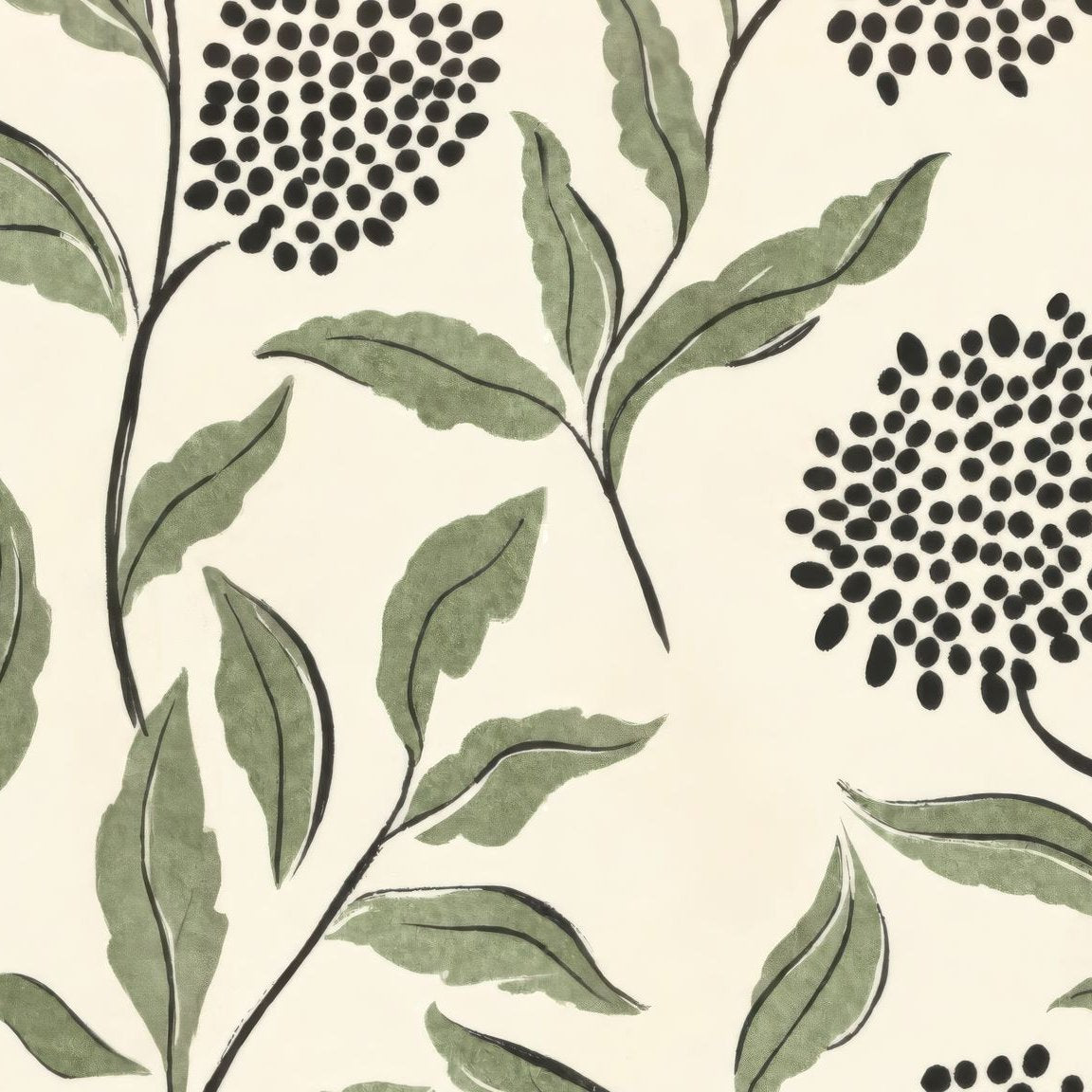 Green botanical wallpaper with sage leaves and charcoal dots on cream background.