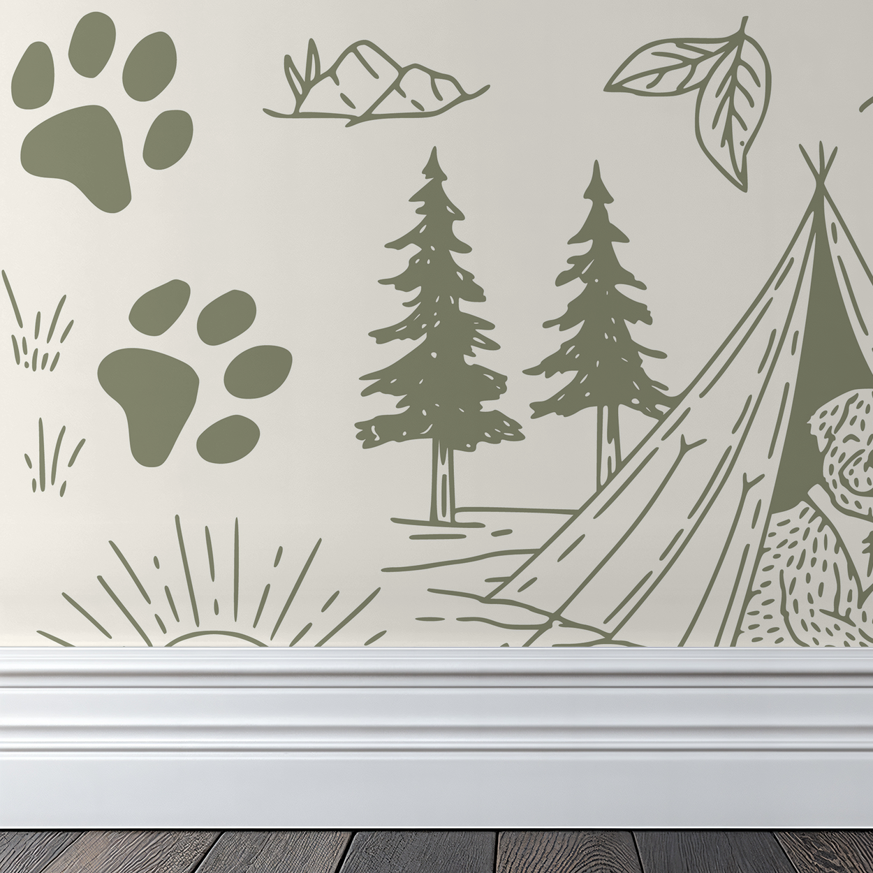 Green and cream wallpaper with dog, tent, trees, and paw prints in a whimsical outdoor theme.