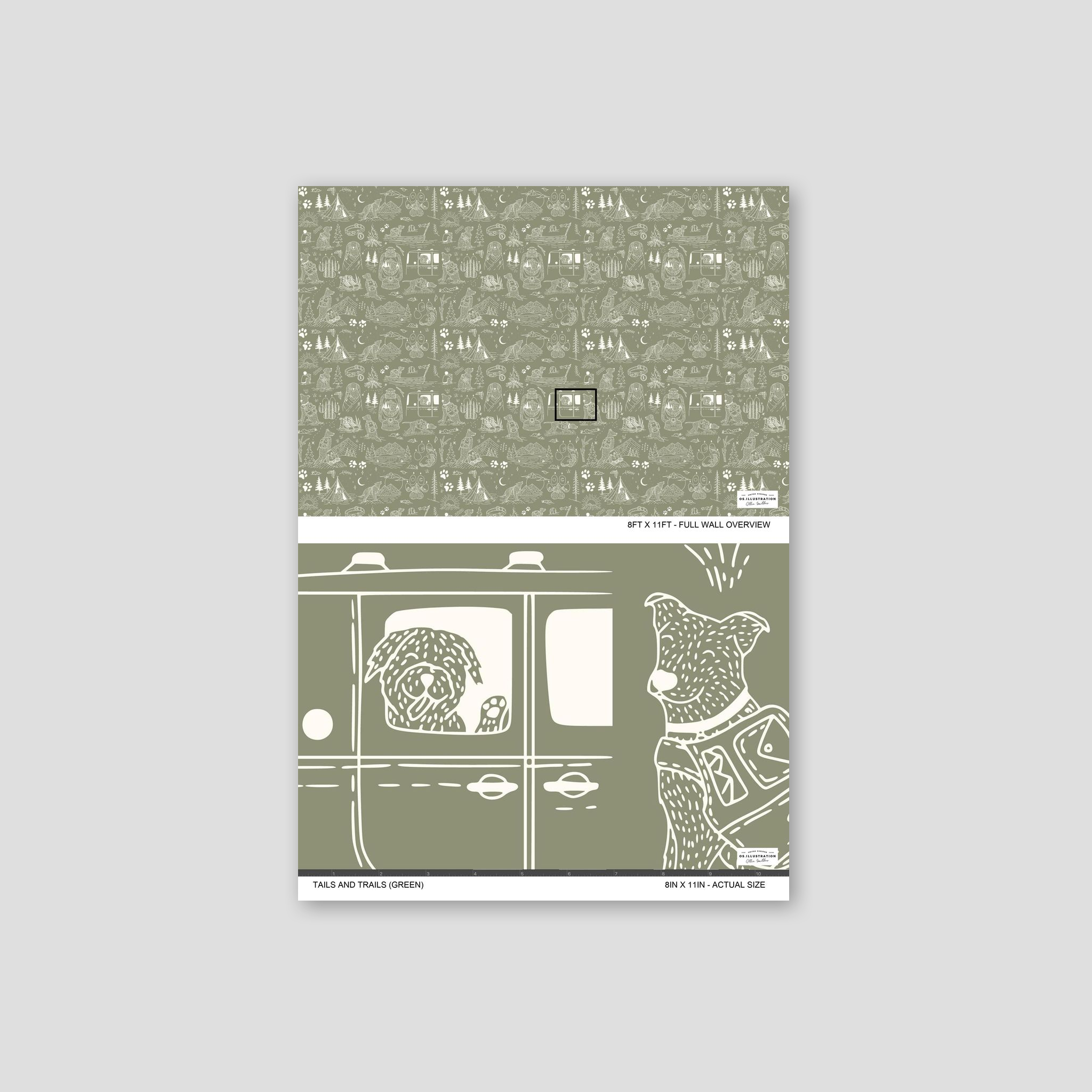Green wallpaper with playful dog sketches and outdoor adventure motifs.