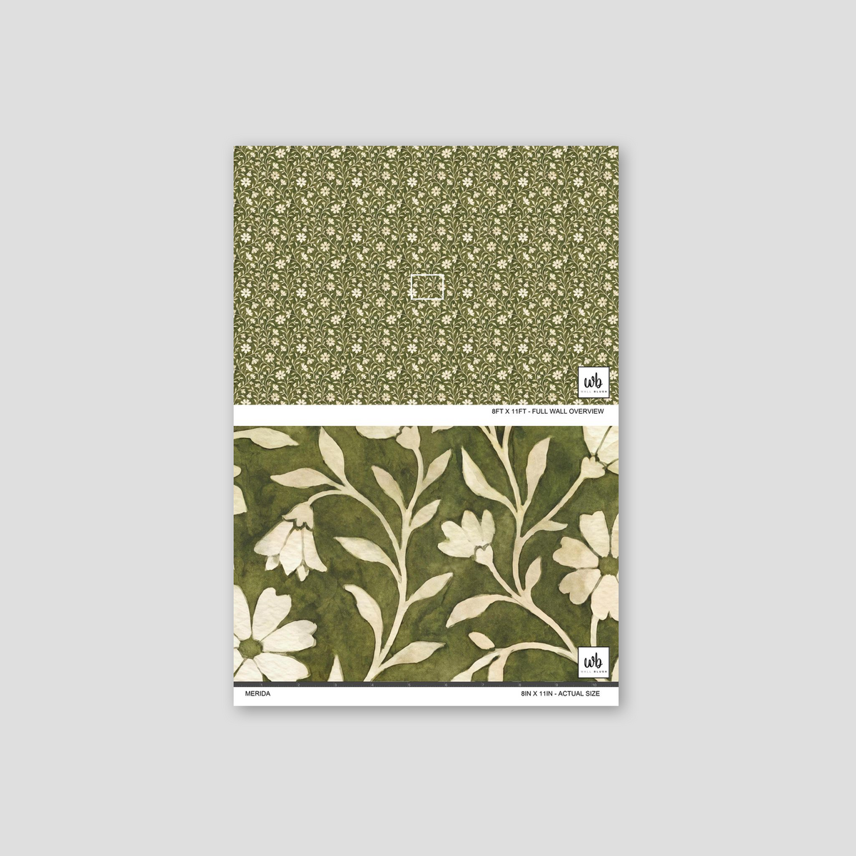 Green floral wallpaper with cream flowers and vines, sample overview.