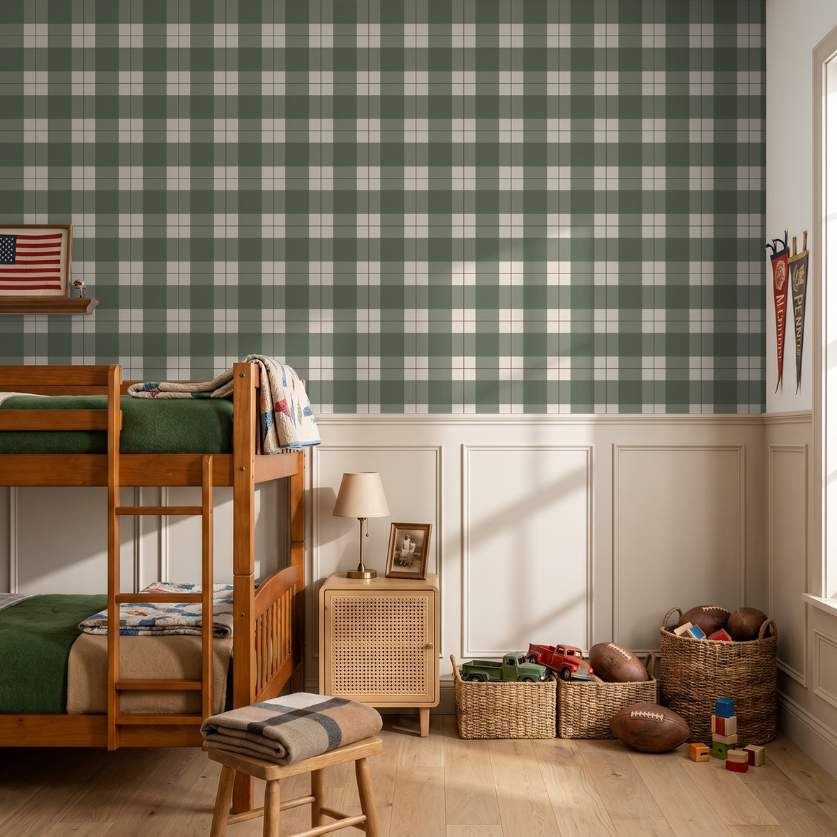 Green plaid wallpaper in a cozy kids' bedroom with bunk bed and toys.
