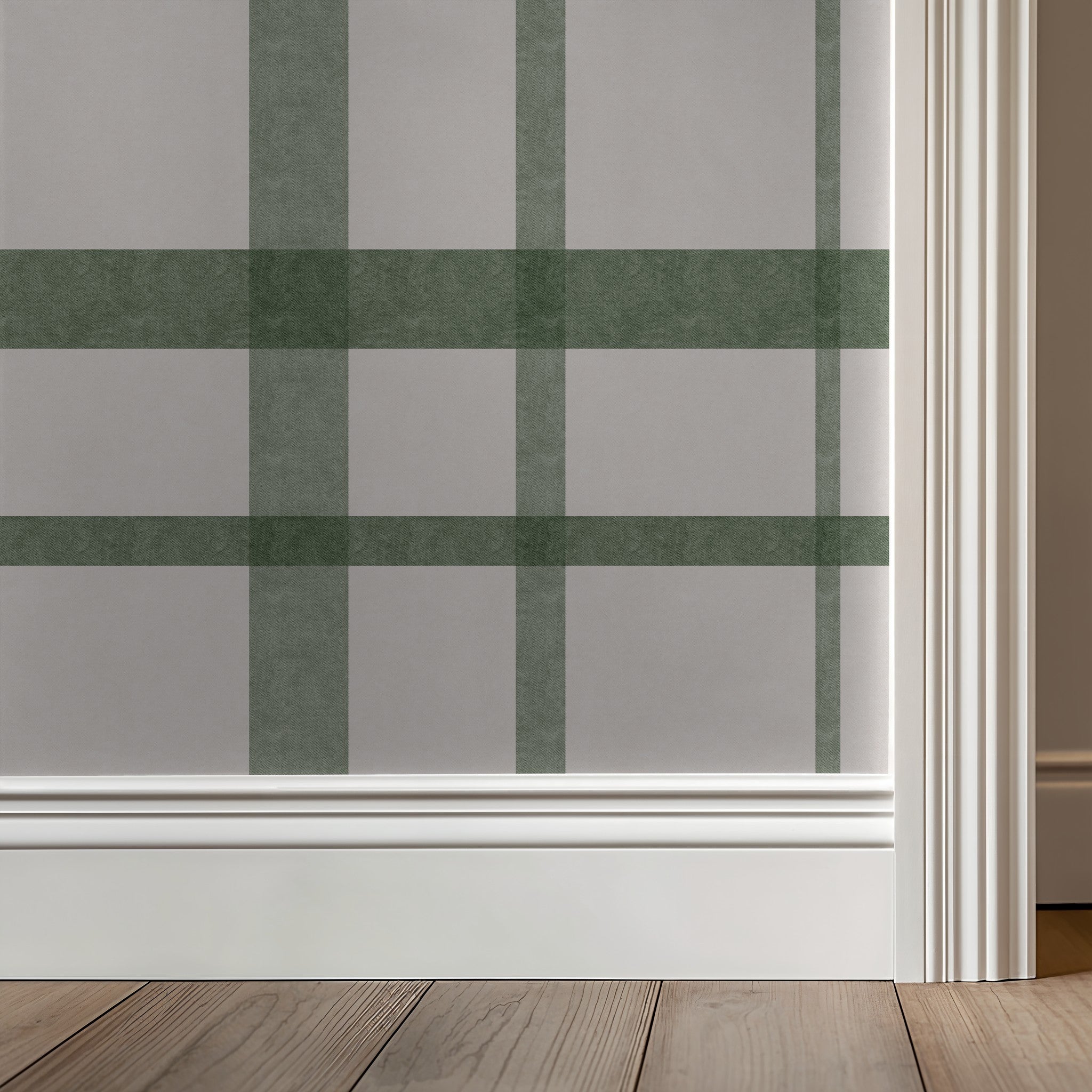 Green plaid wallpaper with soft hues in a modern room setting.